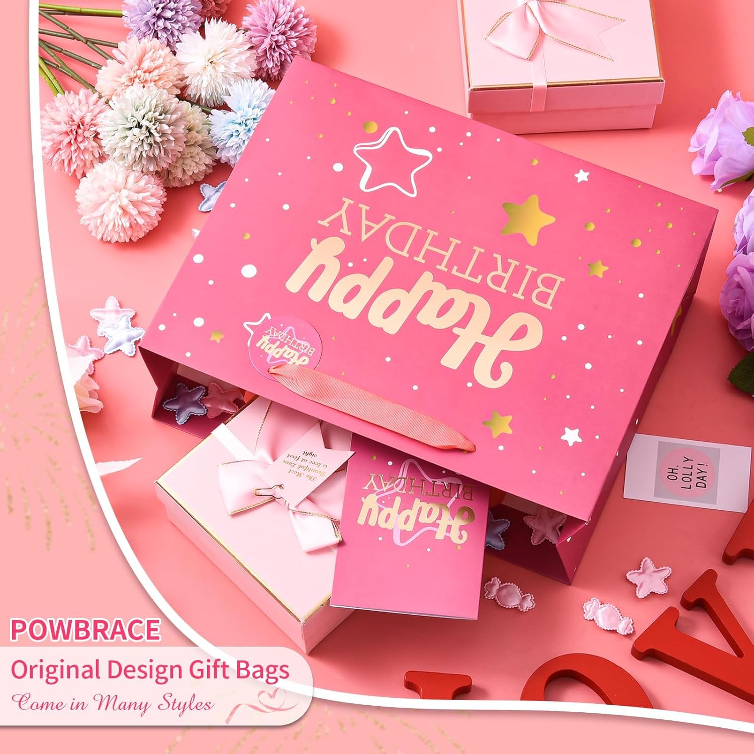 Powbrace 13" Pink Happy Birthday Gift Bag with Tissue Paper and Greeting Card for Party,Happy Birthday Gift Bag for Women Mother, Gift Bags Medium size(1 PCS Pink, Attach Mom Cards) - Image 4