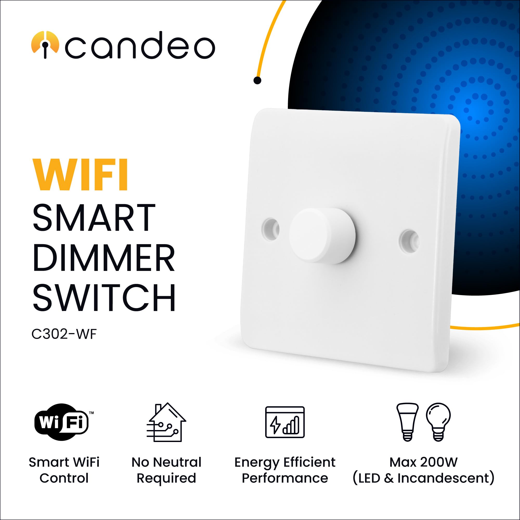 Candeo Variateur d'intensité rotatif Wi-Fi compatible avec Amazon Alexa, Google Assistant, Smart Life, 1 gang multivoie, avec contrôle intelligent