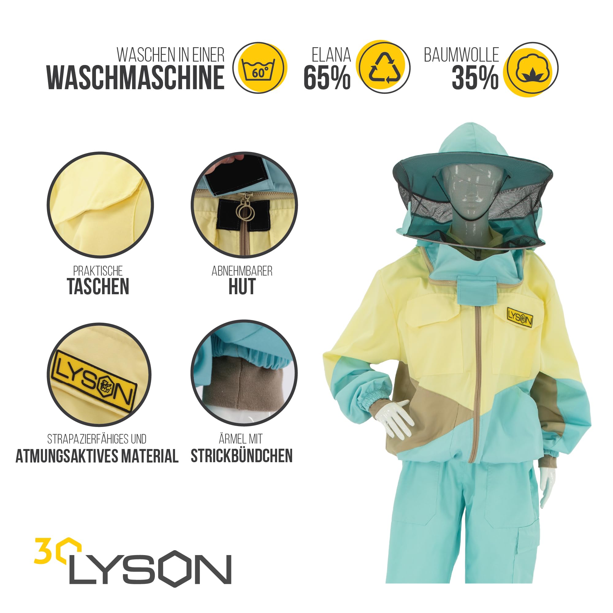 LYSON Imkerjacke mit Hut, Imkerjacke mit Reißverschluss, Schutzjacke, Imkerjacke mit Rundschleier, Imkerbluse, Imkereibedarf, Schutz vor Mücken Imkerbekleidung sportlicher Style – Modell 1 Größe L