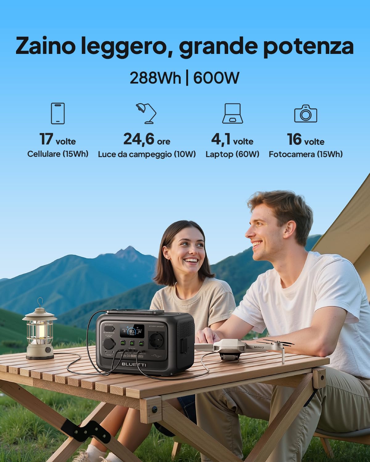 BLUETTI Generatore Solare Elite 30 V2 con 100W Pannello Solare | 288Wh LiFePO4 Centrale Elettrica Portatile, 600W Prese CA (1500W Picco), per Campeggio, Uso Domestico, Emergenza