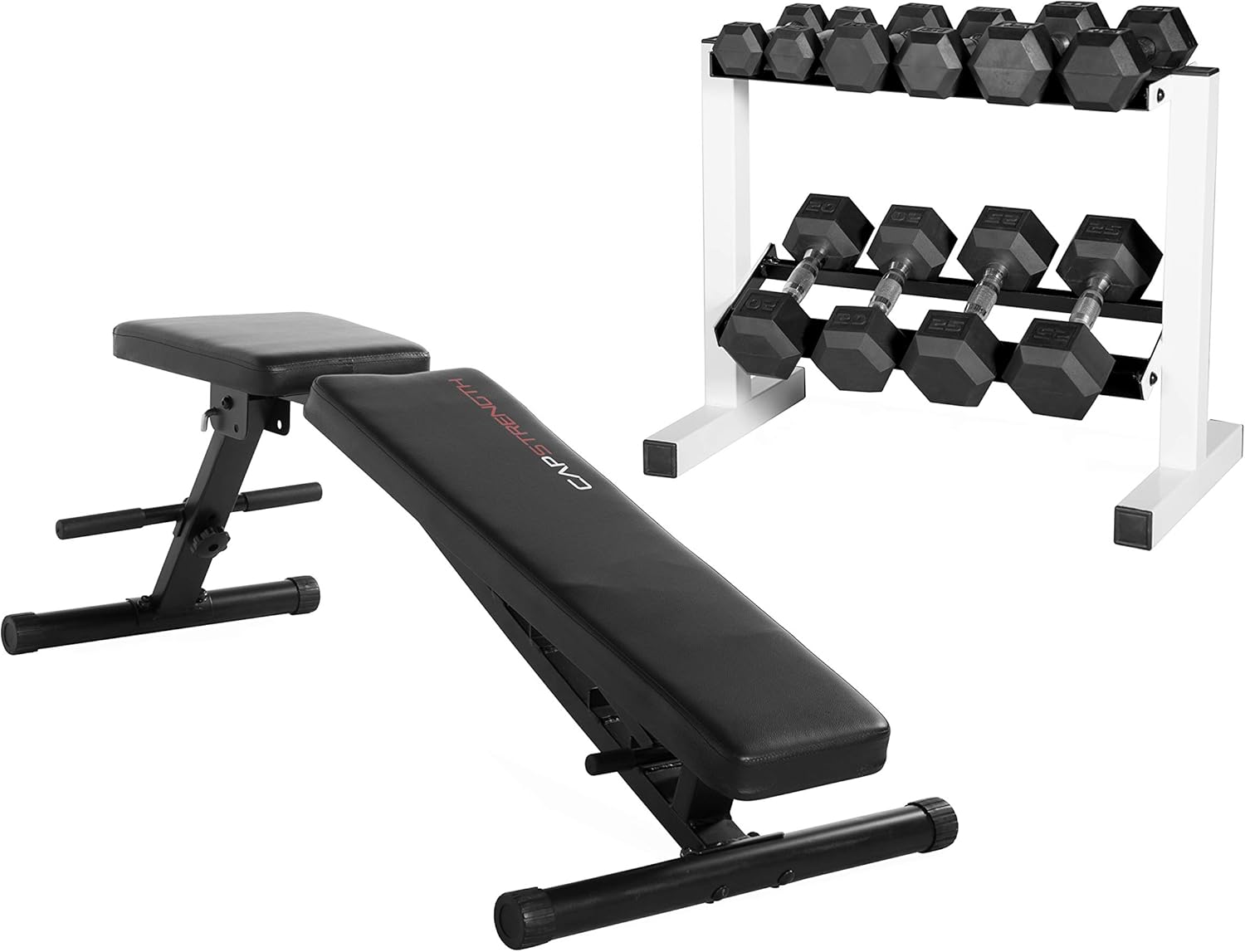 CAP Barbell 150-Pound Dumbbell Set, 24-Inch White Rack & Adjustable Bench Bundle