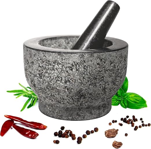 Large Mortar and Pestle Set, 6 Inch Granite Natural Stone Grinder Bowl Spices, Seasonings, Pastes, 2 Cups Pestle and Mortar Bowl for Fresh Guacamole, Salsa, Pesto