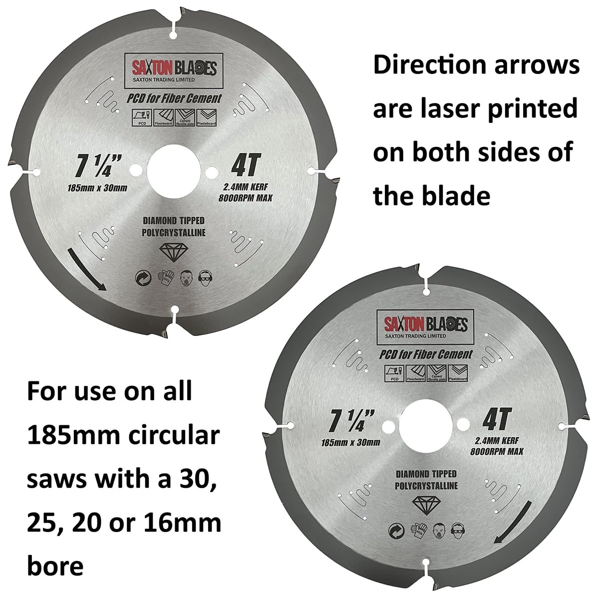 Saxton PCD Circular Saw Blade, 185mm x 4 Teeth x 30mm Bore 16, 20 & 25mm rings - Image 3