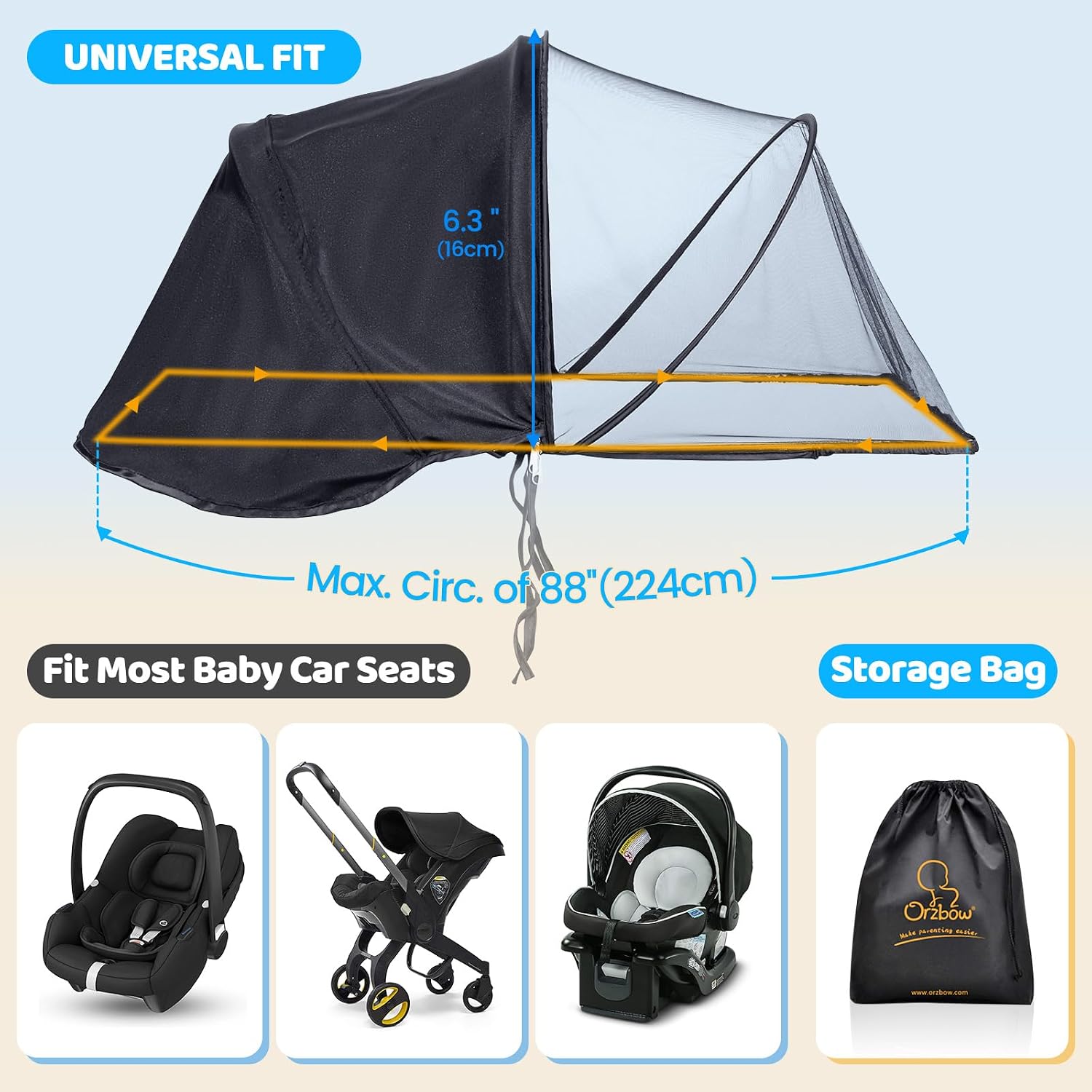 Orzbow Mosquito Net with Sun Shade for Car Seat and Doona Stroller, Breathable Baby Mosquito Net for Infant Car Seats, Strollers, Baby Travel, Camping, Summer Essentials, Bug Protection, Black