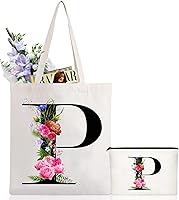 Vista 16 de Andeiltech - Bolsa de lona con inicial floral, personalizada, bolsa de maquillaje con monograma, regalo para damas de honor, cumpleaños, boda