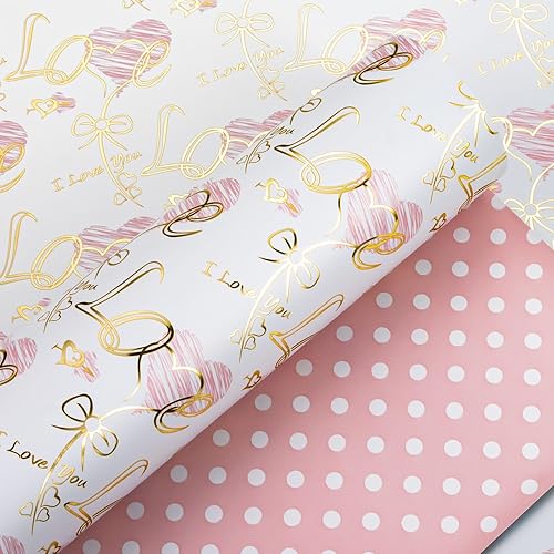Yarcony Papel de regalo reversible de boda, papel de regalo con temática de corazón, estampado creativo de amor y lazo, envoltura de regalo para el