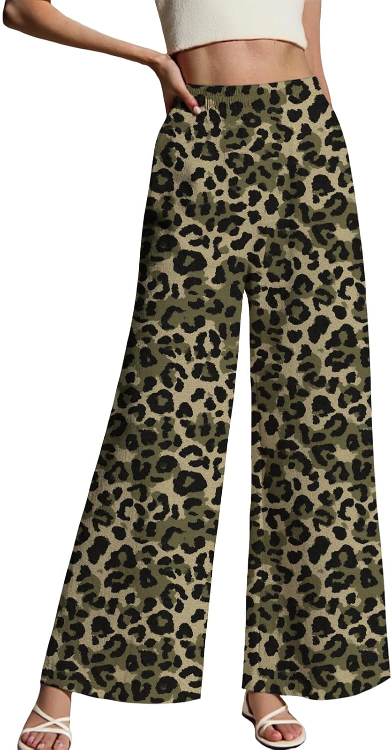 LIZALIG Women's Leopard Print Pants High Waist Wide Leg Trousers with Elastic Waistband Casual Loose Fit Pockets