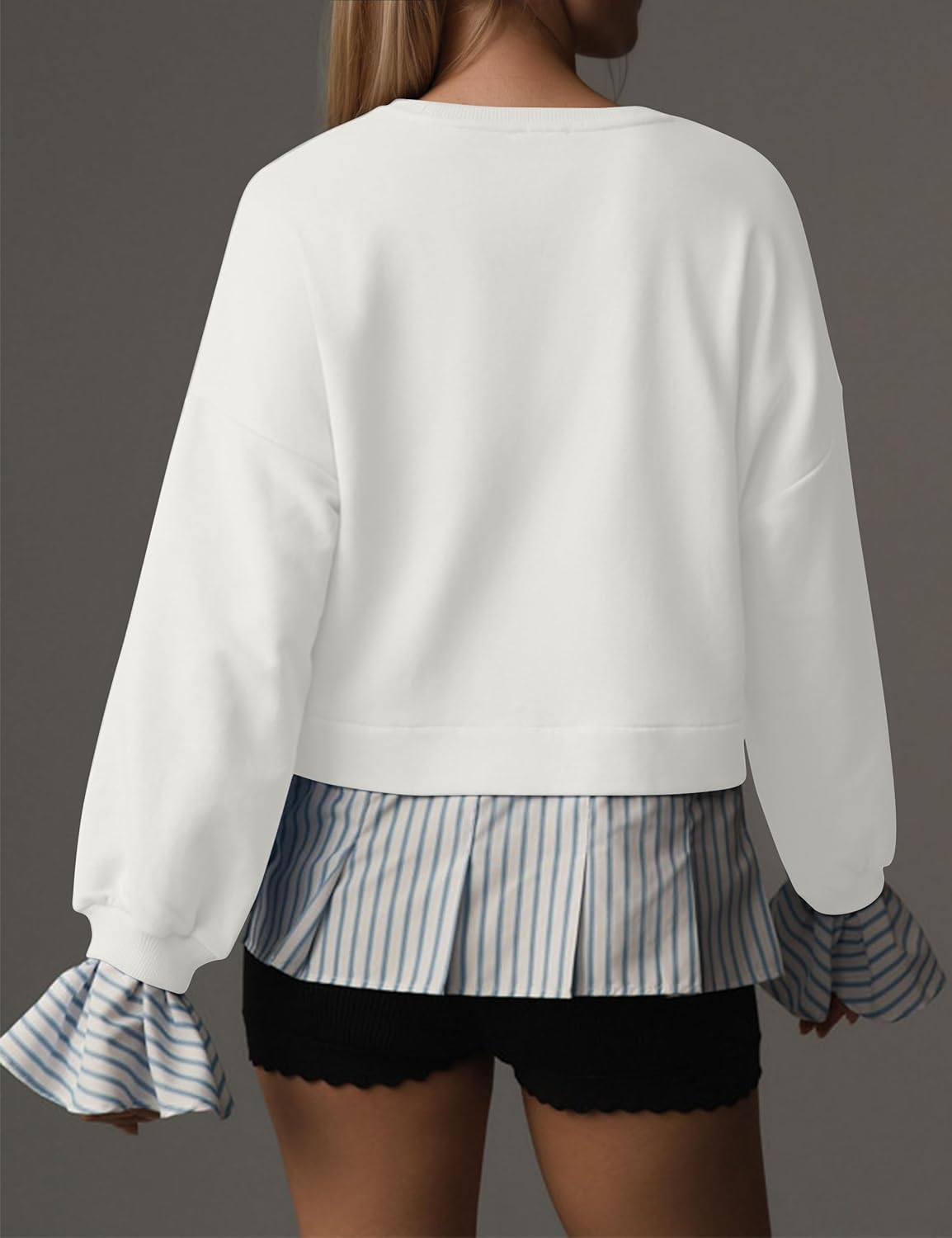 Striped Trim Twofer Sweatshirt For Women Crew Neck Long Sleeve Patchwork Pullovers Sweater Outfit - Image 7