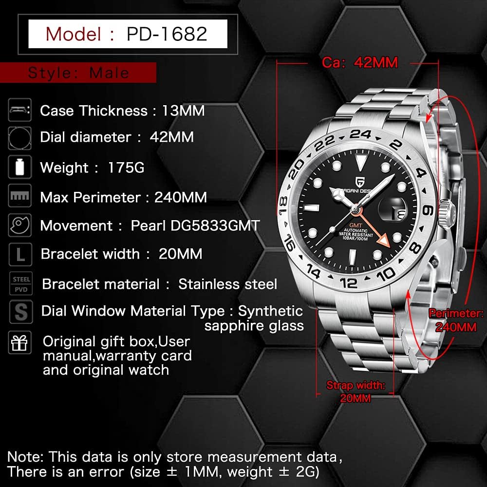 Pagani Design Watches for Men Automatic Mechanical GMT 42mm Sport Waterproof Stainless Steel Sapphire Glass Wrist Watch