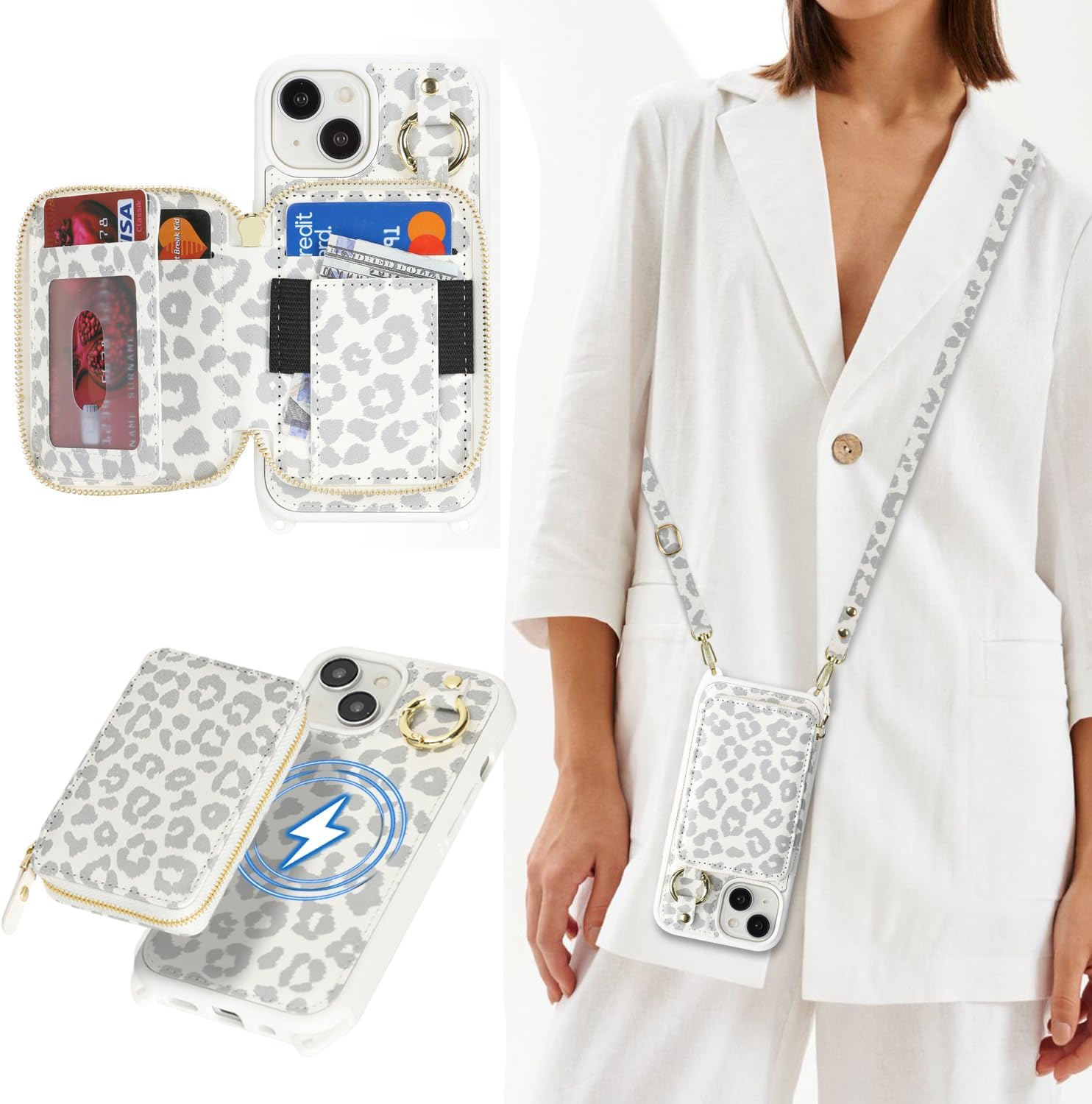 Cavor for iPhone 13 Wallet Case with Card Holder for Women Men, for iPhone 13 Case with Strap, Crossbody Lanyard Phone Case, Magnetic Detachable Compatible with Magsafe-White Leopard