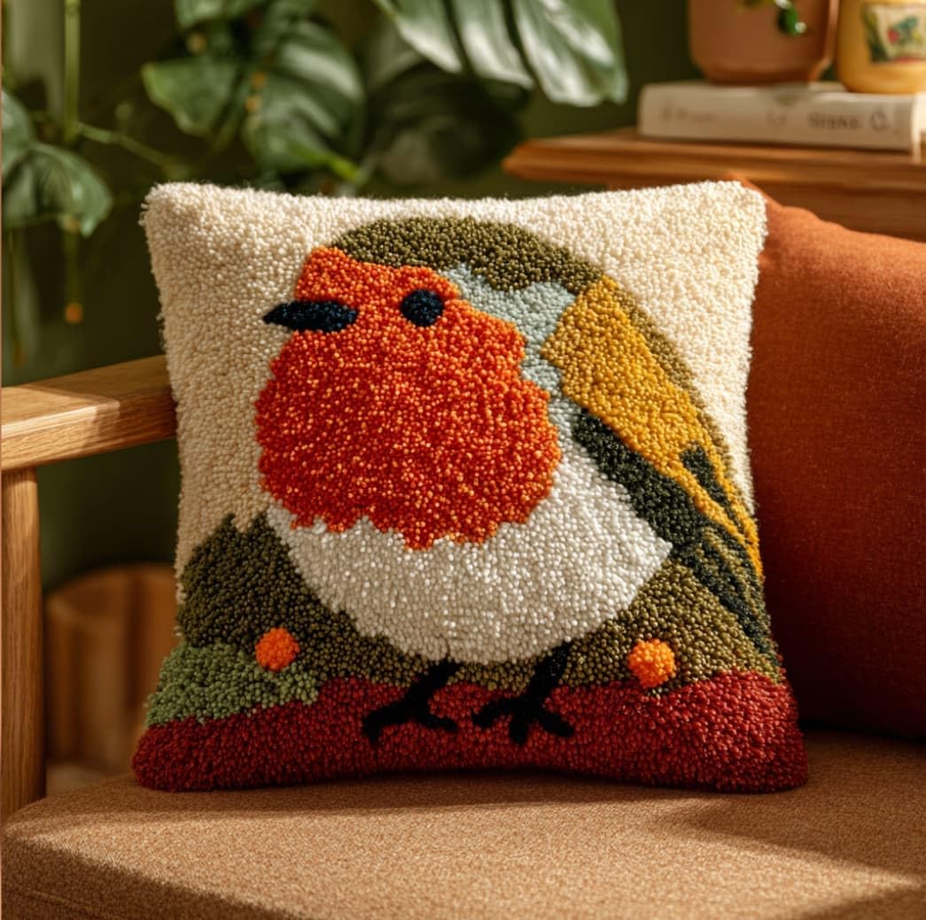 Taxpy DIY Latch Hook Pillow Kit Pre-Printed Hook and Latch Rug Kits Bird 17X17 Inch.Cross-Stitch Embroidery Cushion Cover for Home Sofa Decoration
