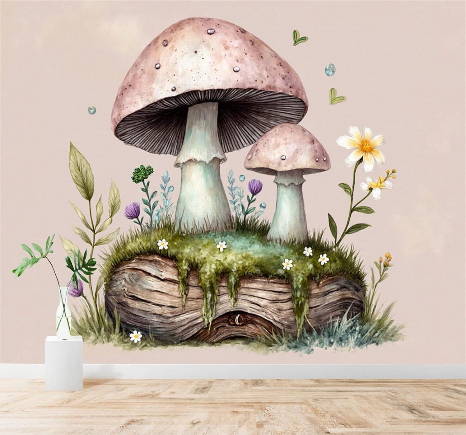 XLMING Minimalist Wildflowers Moss Logs Watercolour Mushrooms 3D Wallpaper Silky Texture Home Study Office Grey Dining Room Sofa Bedroom Living Room TV Backdrop-250cm×170cm