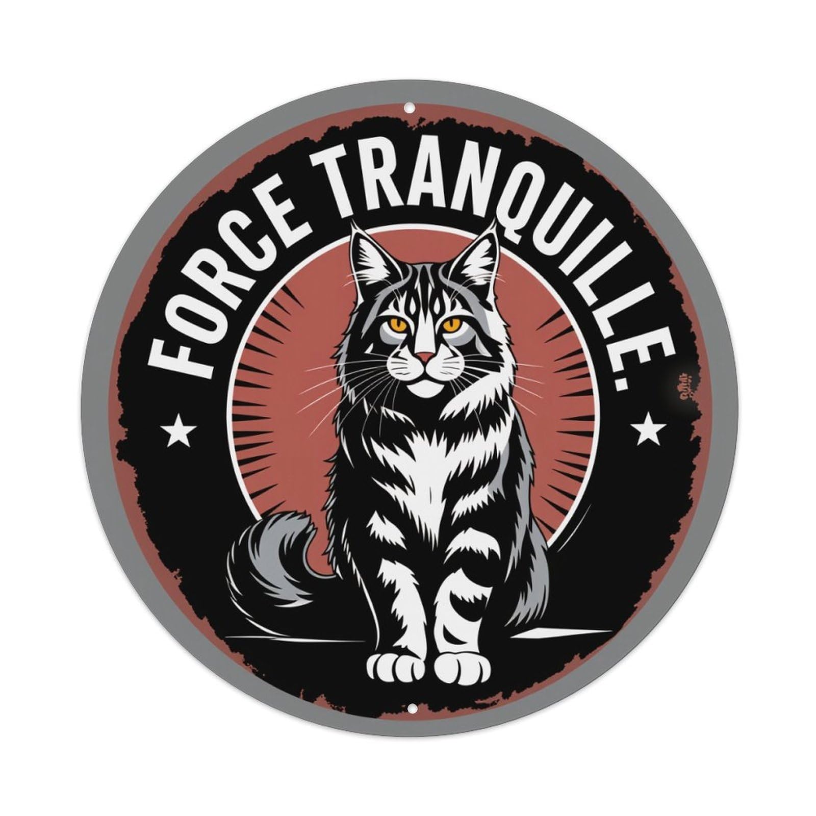 Force Tranquille Cat Emblem Design Round Tin Sign Vintage Style Metal Sign Home Bar Garden Wall Plaque Decor Metal Poster 8x8 Inch
