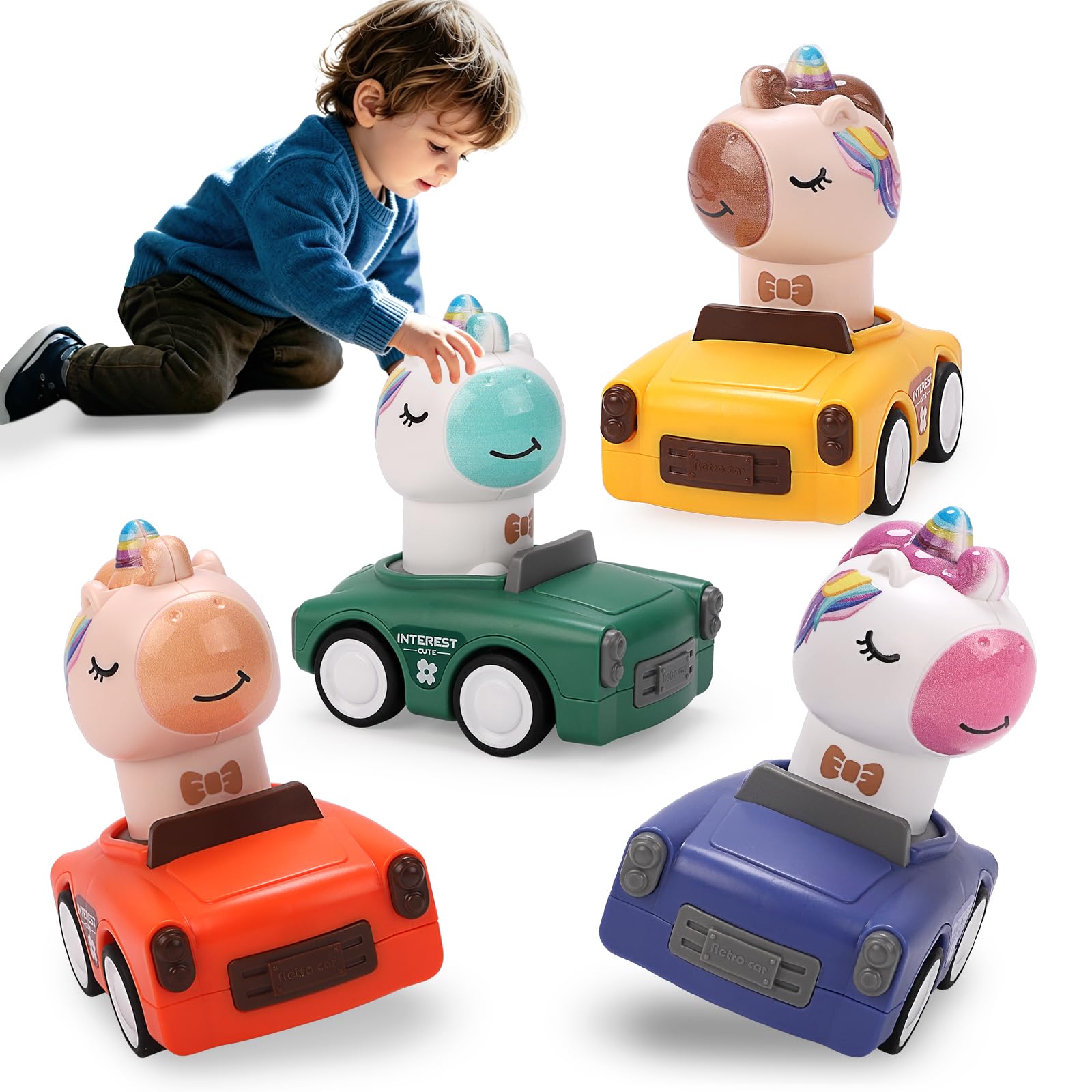 RUIDYA Unicorn Baby Toy Cars for Toddlers 1-3, 4PCS Press and Go Toy Cars for 1 2 Year Old, Early Educational Play Vehicle Toys for Baby Girl Boy 18+ Months, 1st Birthday Gifts Toy for Kids