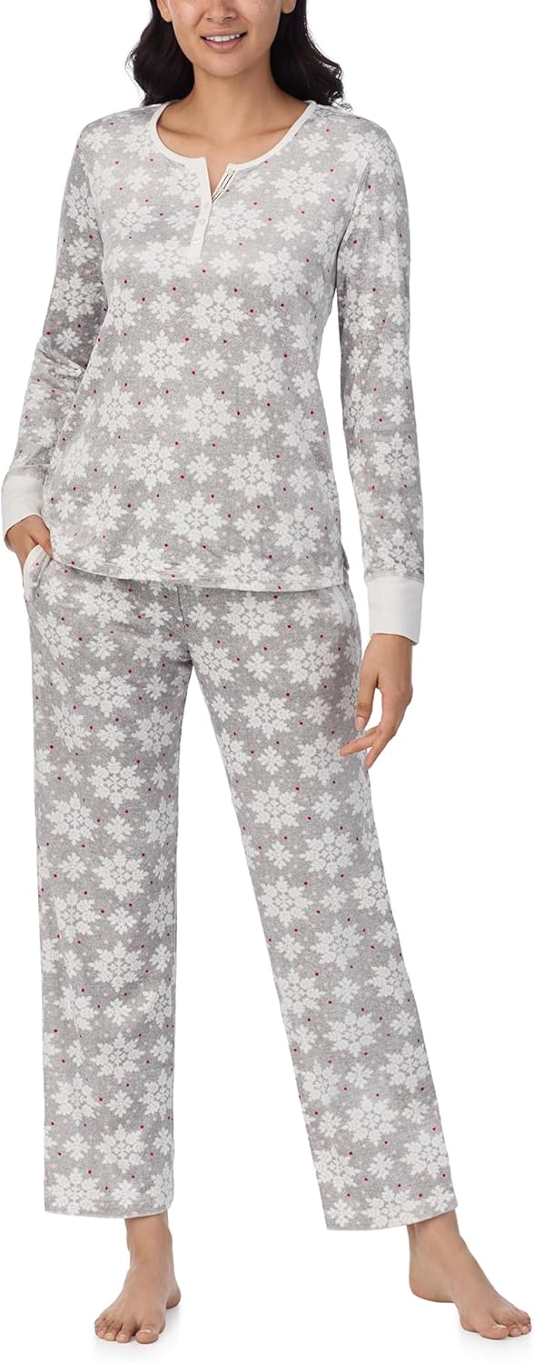 Nautica Pajamas for Women Set, Long Sleeve Henley Pajama Shirt & Pants, Warm Winter Fleece Sleepwear Lounge PJ Sets for Women