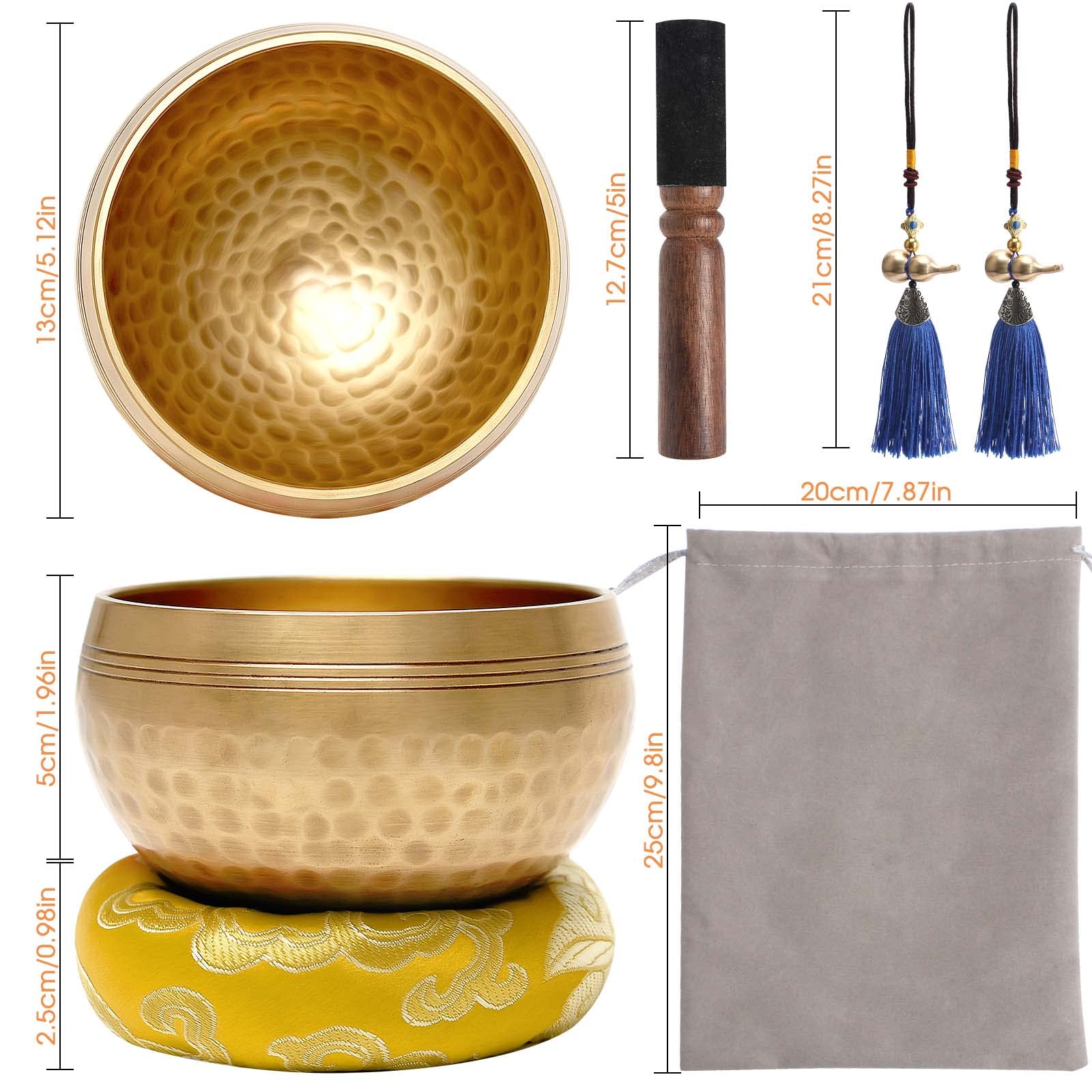 Cuenco Tibetano, 11 cm Cuenco de Meditación incl. Mazo/estera de Seda/2 Colgantes de calabaza/bolsa de Almacenamiento, Cuenco Tibetano /410 g, para Relajación Espiritual/Yoga/Meditación