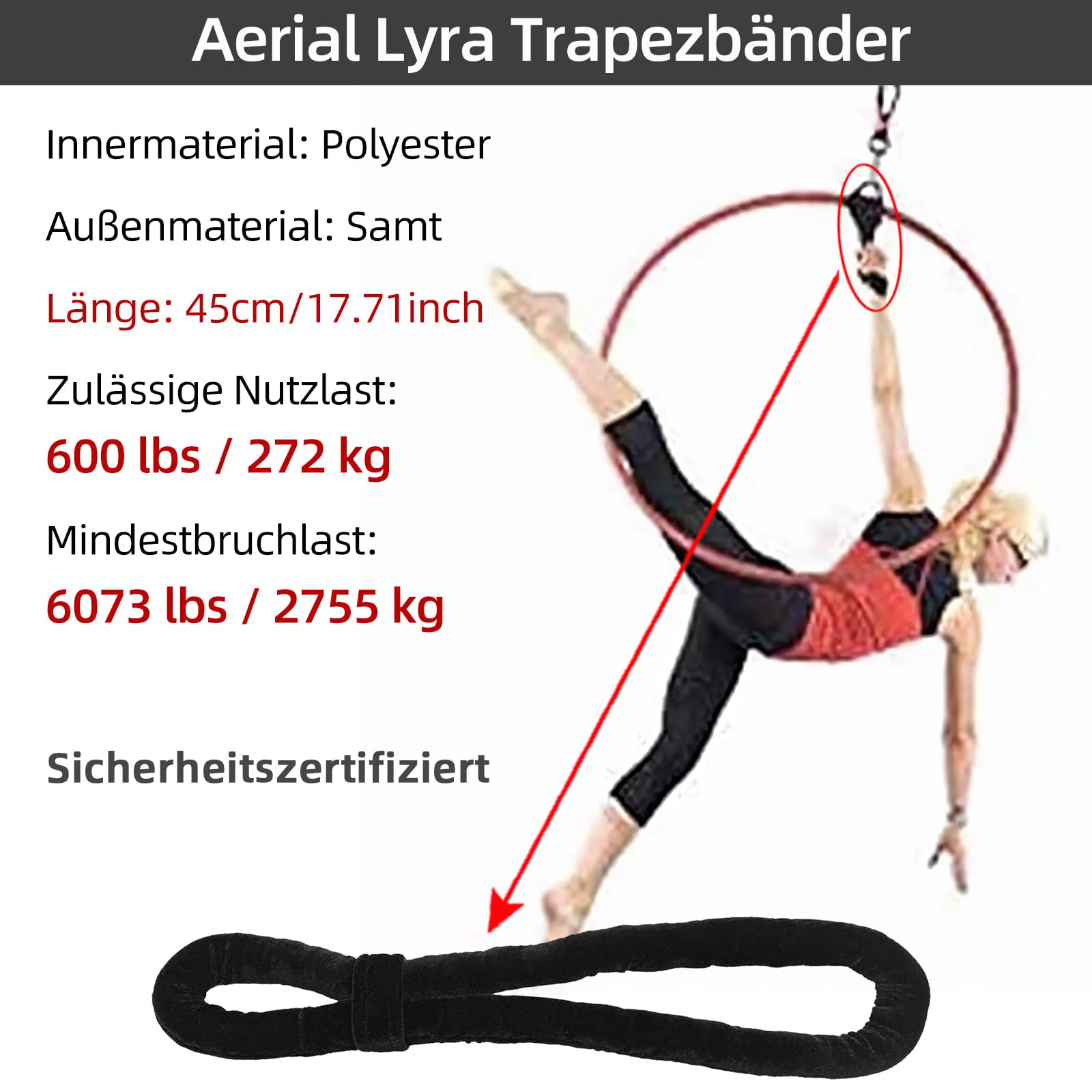 PRIOR FITNESS Lyra Aerial Hoop Schlaufengurt, Verbessert Nylon Rutschfestes 45cm/17.71" Handzubehör, SGS Maximale Traglast 272kg/600lb, Schlaufengurt Schlinge für Yoga, Luftakrobatik & Krafttraining