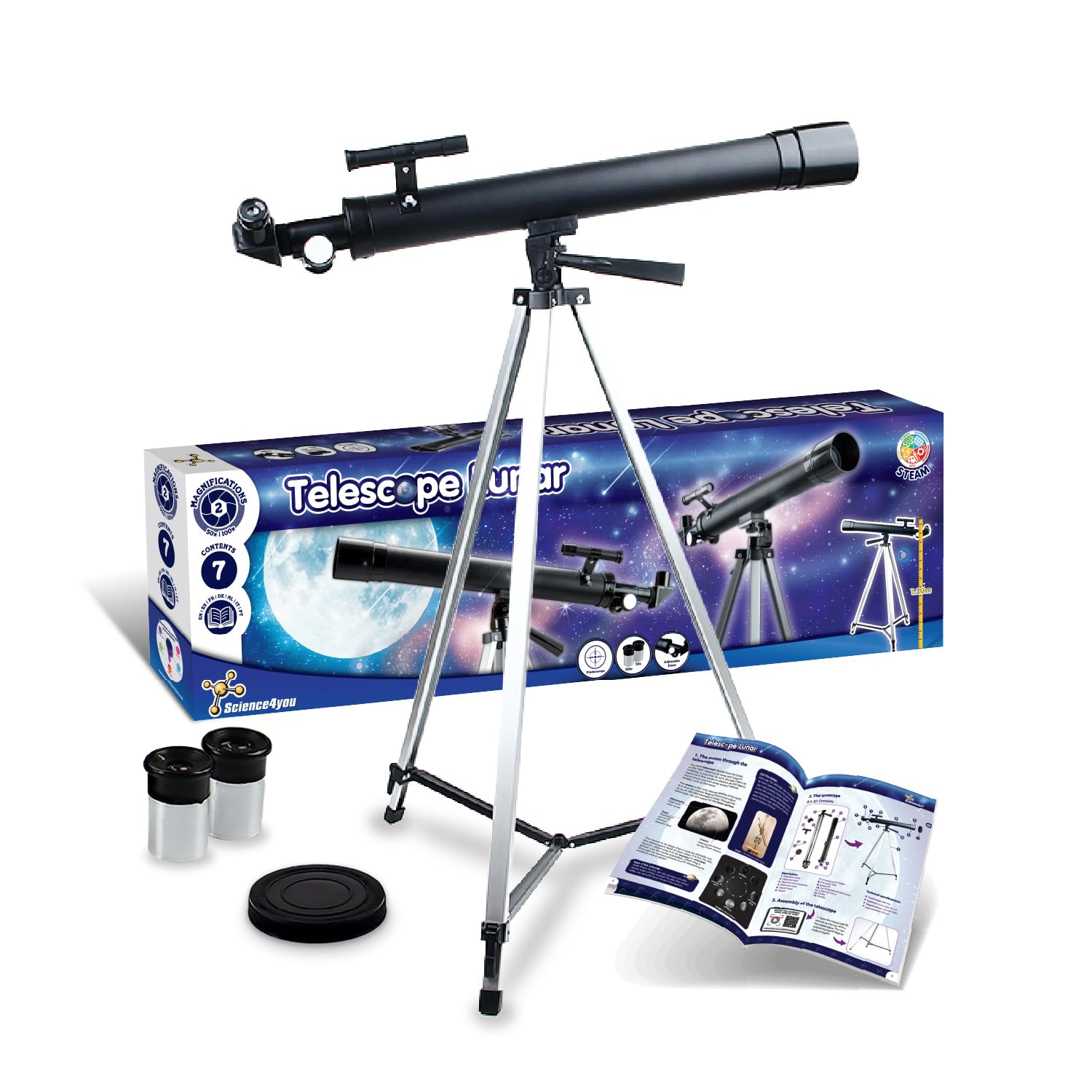 Telescopio Lunare con Treppiede, Lunghezza Focale 600 mm, Ingrandimento 50x e 100x, Telescopio per Principianti, Gioco Educativo STEM, Regalo per Bambini