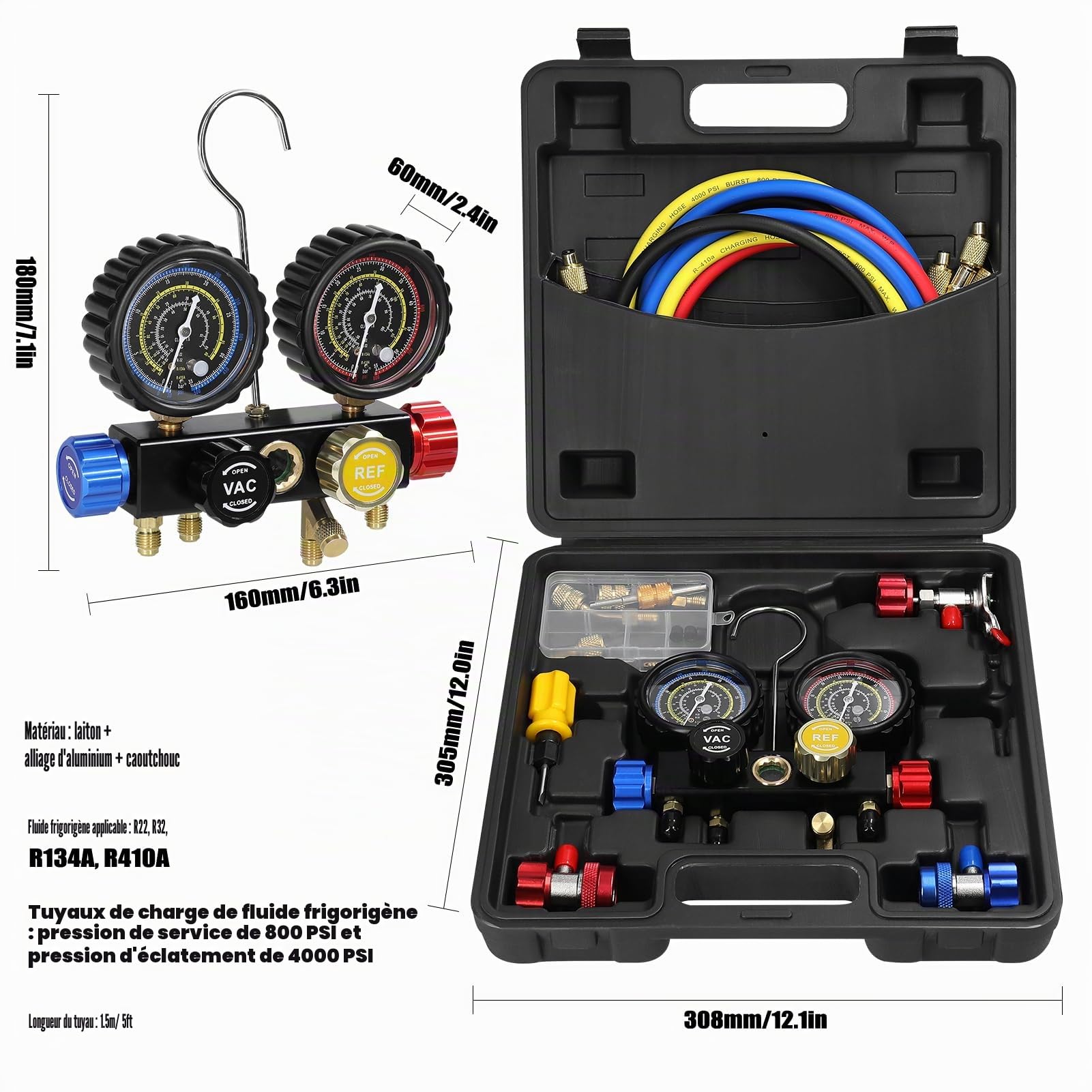 Réfrigérant Manifold Gauge Set, Weytoll Ensemble de manomètres pour climatisation, adaptateurs de couplage rapide en laiton pour réfrigérant R22/R134a/R410a