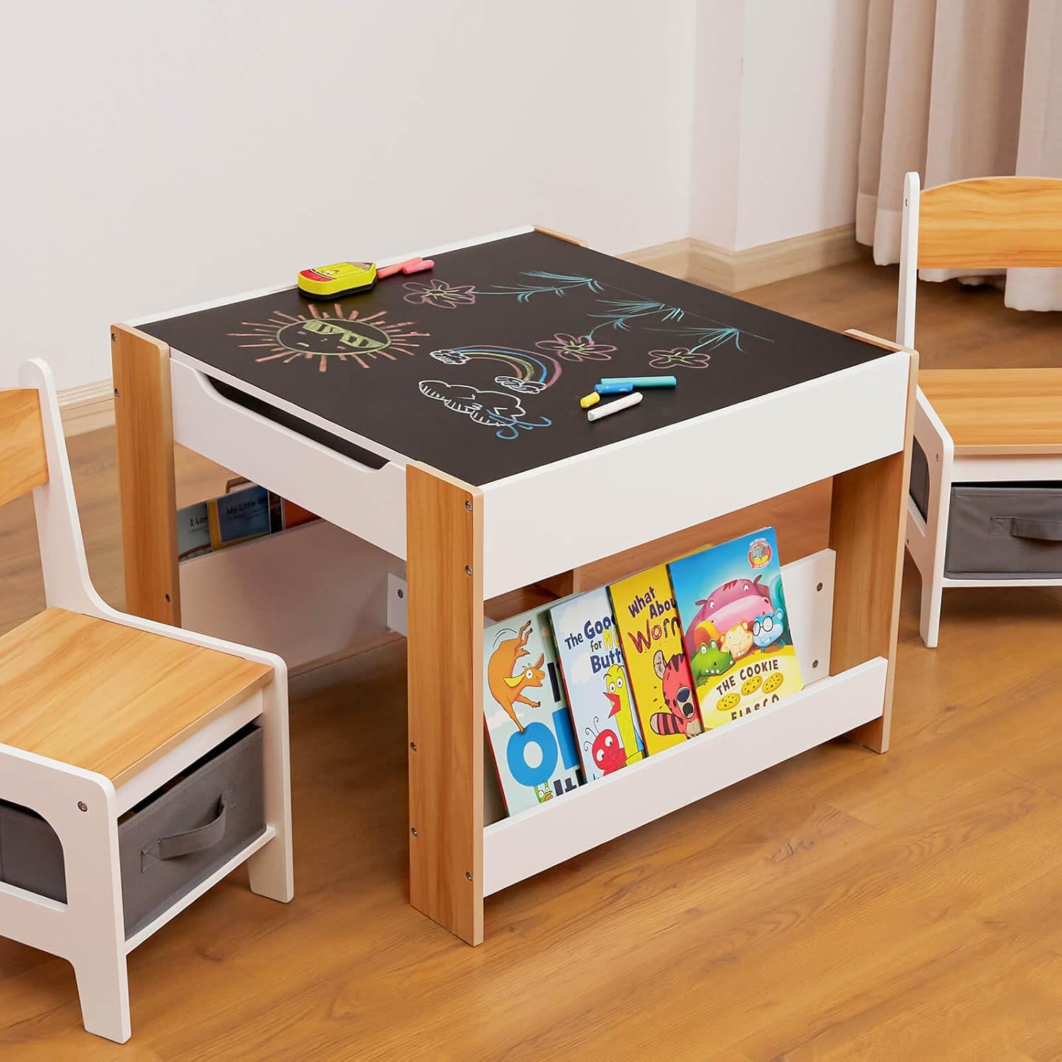 Cozivolife Kids Table and Chair Set (2 Chairs Included),Child Wooden Activity Furniture with Storage Bins Boxes and Book Organiser, 2 in 1 Detachable Tabletop Desk Group for Toddlers Drawing