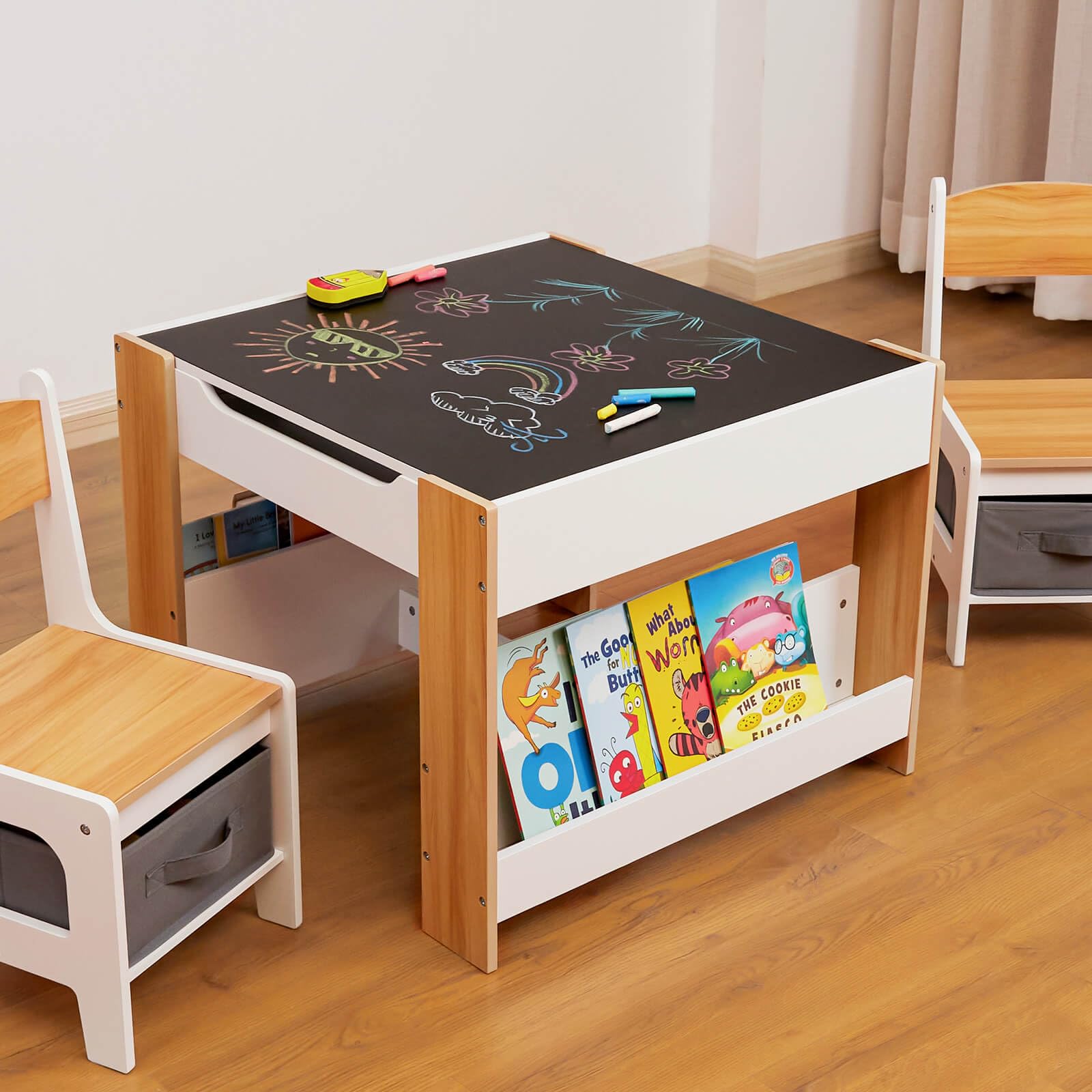 Yorbay Kindertisch mit 2 Stühle, Kindermöbel Set aus Holz mit Stauraum und Bücherregalen, 3 in 1 Maltisch & Aktivitätstisch & Tafeltisch, Kinderzimmer, Spielzimmer, Vorschüler (Natur)