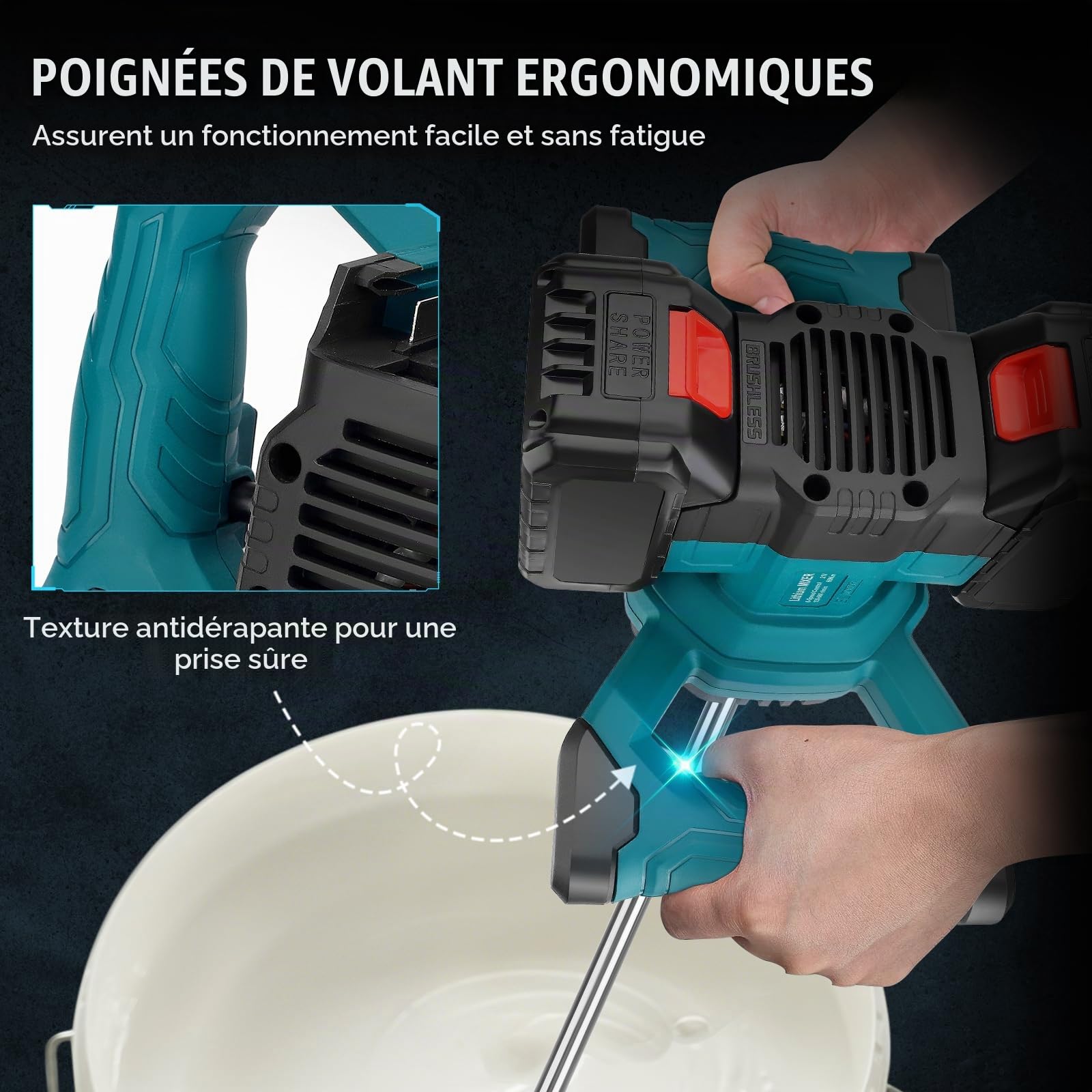 Malaxeur Mortier Colle 3100W, Malaxeur Beton ompatible avec une batterie 18-21V (sans batterie), Melangeur Beton Avec 6 Vitesses, Betonniere Électrique pour la peinture,le mortier,le Ciment