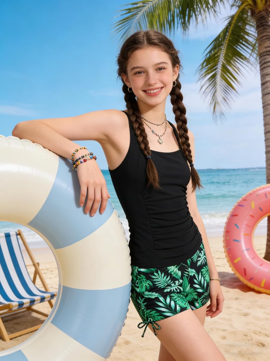 Girls Tankini Swimsuit 2 Piece Bathing Suit for Girl Tankinis Set Color Block Tank Top with Drawstring Bottoms 9-16Y - Image 3