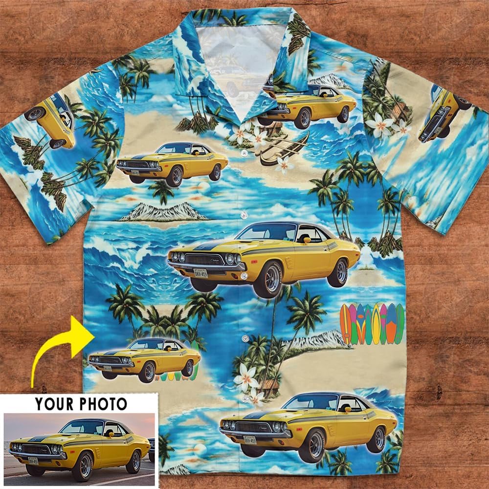 Personalized Classic Car Hot Rod Hawaiian Shirt, Muscle Car Hot Rod Xmas Gifts, Classic Vintage Car Hawaiian Shirt, Custom Car, Street Rod Rat Rod Apparel (HAW2),(Blue, White)