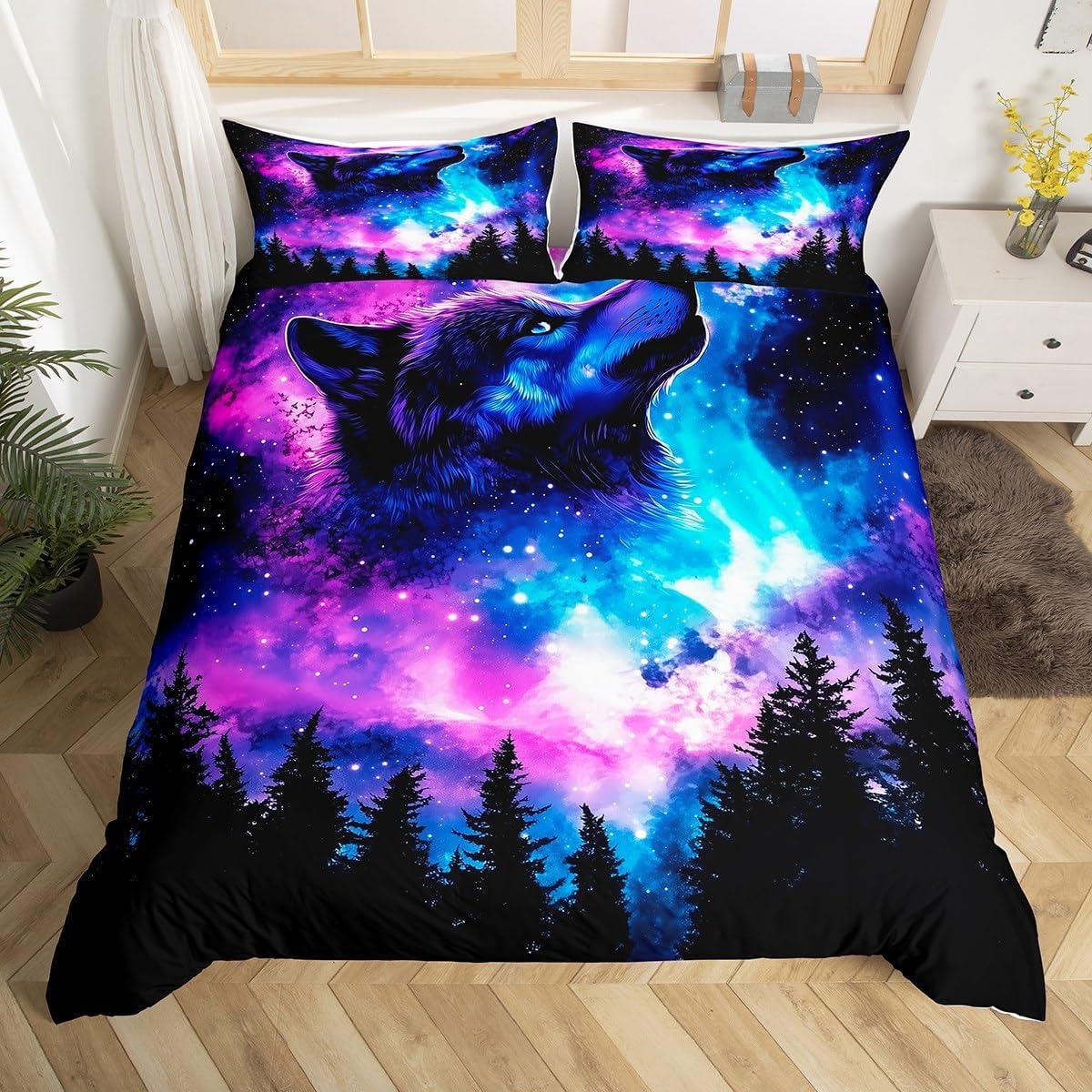 jejeloiu Kids Wolf Duvet Cover Toddler Size, Wolves Howling Bedding Set Animal Wolves Comforter Cover Boys Girls Teens Bedroom Decor 2Pcs Zipper (No Comforter)