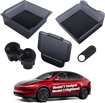 5PCS Center Console Organizer Tray for Tesla 2025 2026 Model 3 Highland Model Y Juniper & Model Y L Accessories, Center Tray Armrest Organizer Cup Holder Insert Hidden Compartment Storage