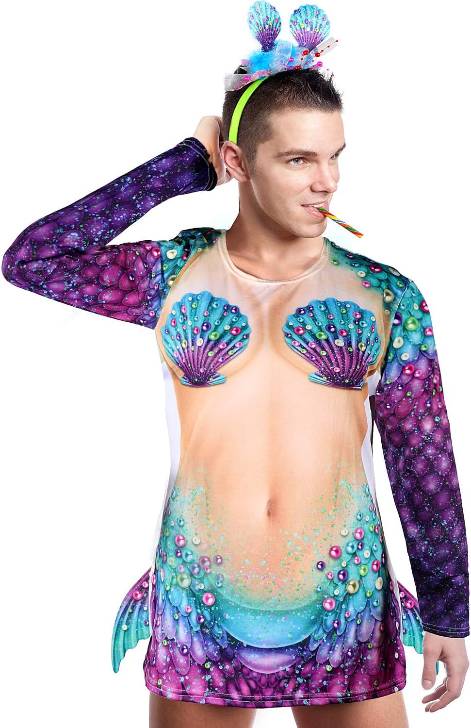 Mens 3D Mermaid Shirt Top Fancy Headband Novelty Gay Man Costume, Purple and Blue, X-Large