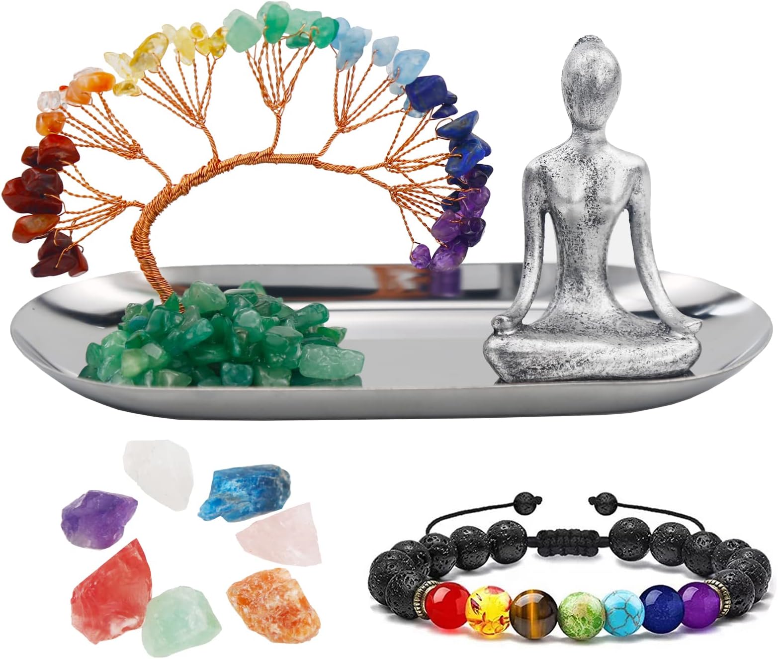 Carselage Meditation Accessories, Zen Spiritual Decor, 7 Chakra Crystal Tree Healing Stones and Yoga Statues, for Living Room, Office, Shelves, Mantle Decor, Birthday Gifts for Women