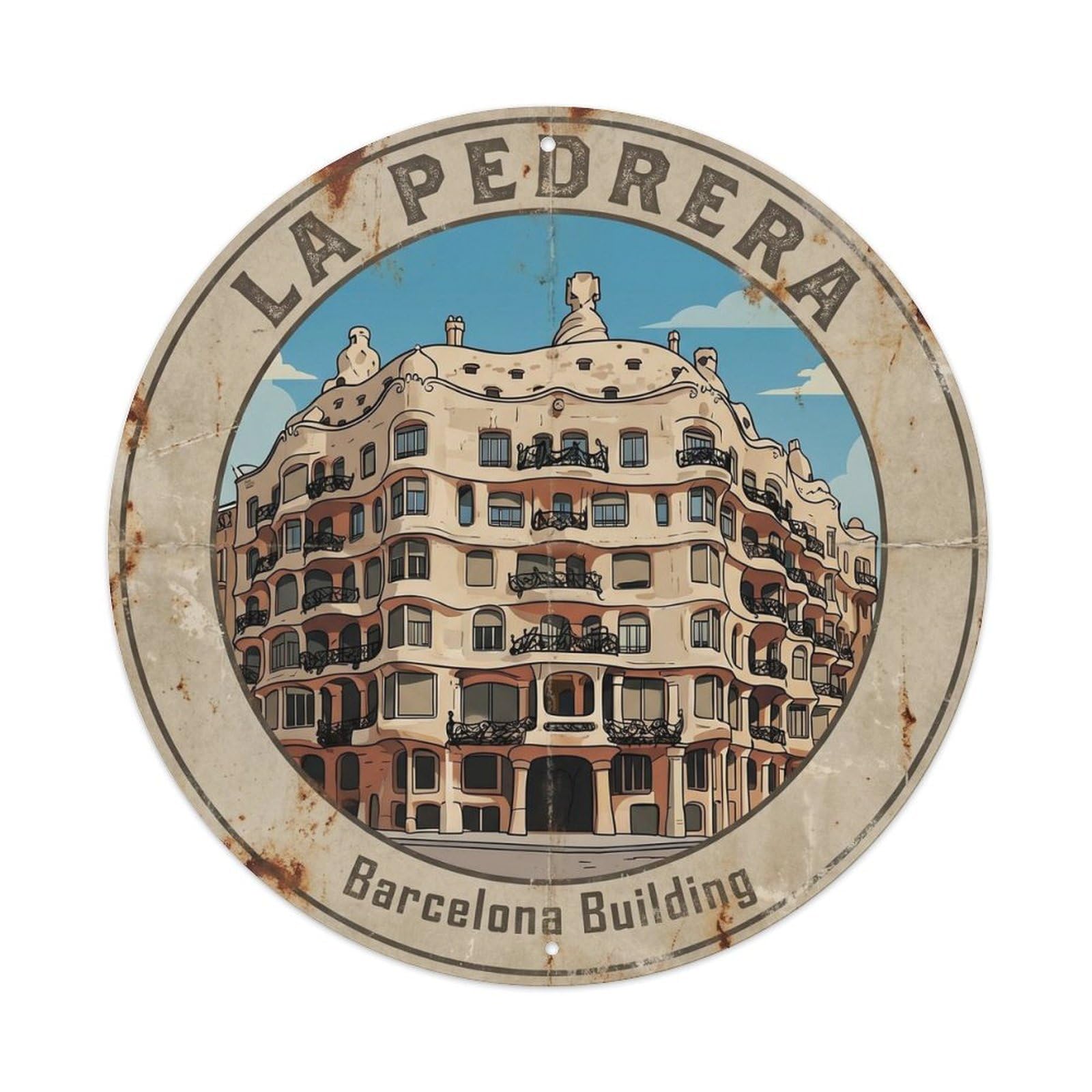 Barcelona Modernist Building Vintage Spain Landmark Travel Metal Tin Sign Plaque Wall Decor for Cafe, Man Cave, Club Bar, Office, Home Garden Round Metal Poster 8x8Inch