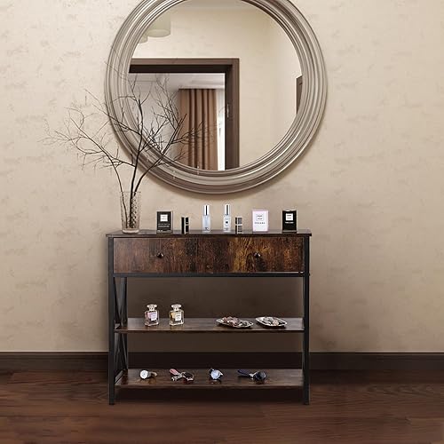 Miniatura 7 de suruim Mesa de entrada con cajones, mesa de tocador de madera con salida y puerto USB, mesa de sofá larga estrecha con estante de almacenamiento