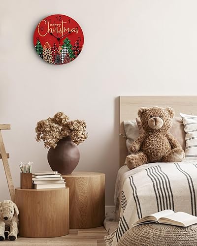 Miniatura 5 de Reloj de pared decorativo, silencioso, sin tictac, árbol de Navidad, estampado de leopardo, a cuadros, rojo, reloj de pared redondo de 10 pulgadas