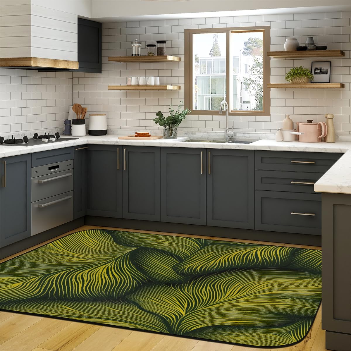 Bathroom Rug Pad,58x80 inch, Hardwood Floor and Tile Non-Slip Rug Pad, Reusable and Washable Area Rug Tape, Double Sided Adhesive Clamps, Keeps Corners Flat 3D Leaf Patterns