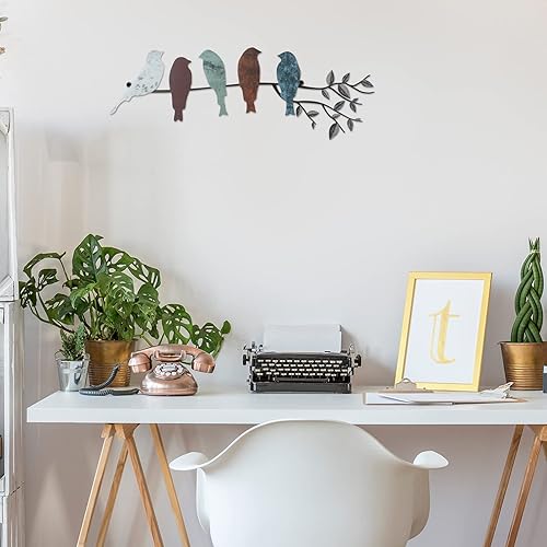 Vista 18 de Ferraycle Arte de pared de pájaro de metal, pájaros en rama con hojas, letrero de metal para colgar en la pared para balcón, jardín, decoración