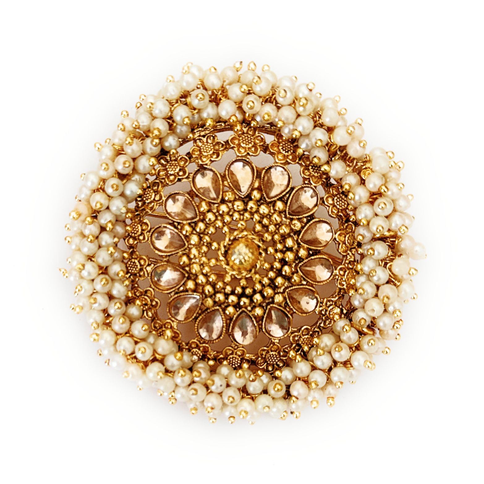 Small Round Antique Gold Color Latest Pearls Jada Billalu for Hair Traditional Wedding Hair Accessories Party Jada Billa Light Brown Stones Fancy Bridal Hair Pins Stylish Back Clips Bun Pins Center Clips Kids Girls Children Women (Pack of 1)-image-24