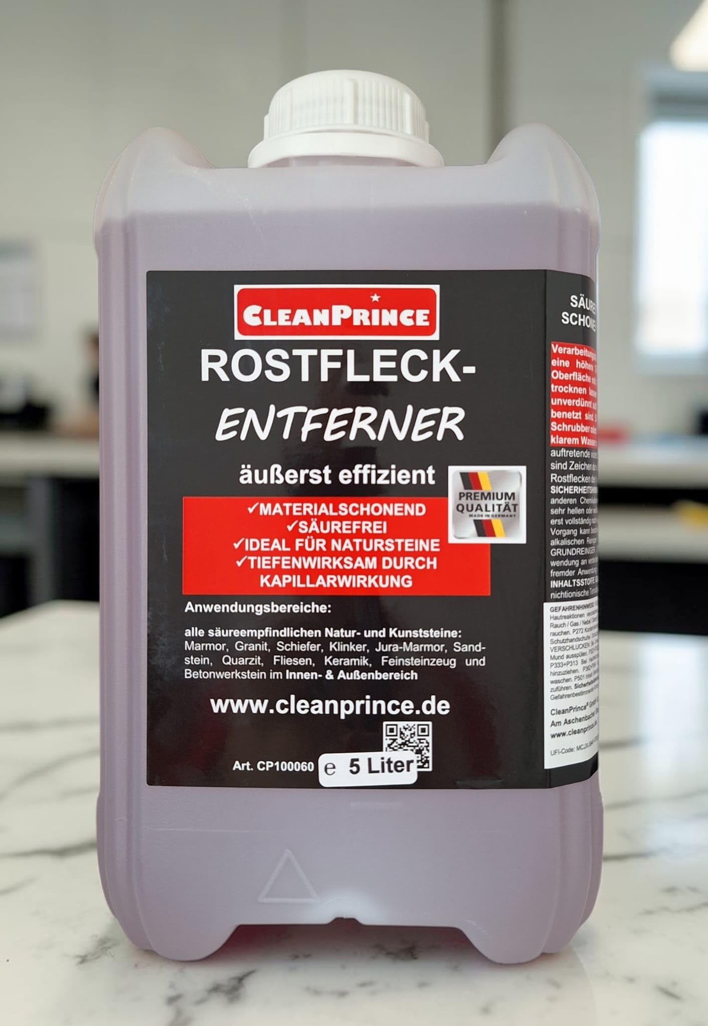 CleanPrince Manchas de Óxido - Eliminador 5 Litros Removedor Moho Limpiador Mármol Pizarra Clinker Piedra Arena Cuarcita Baldosas Cerámica Hormigón Libre Ácido