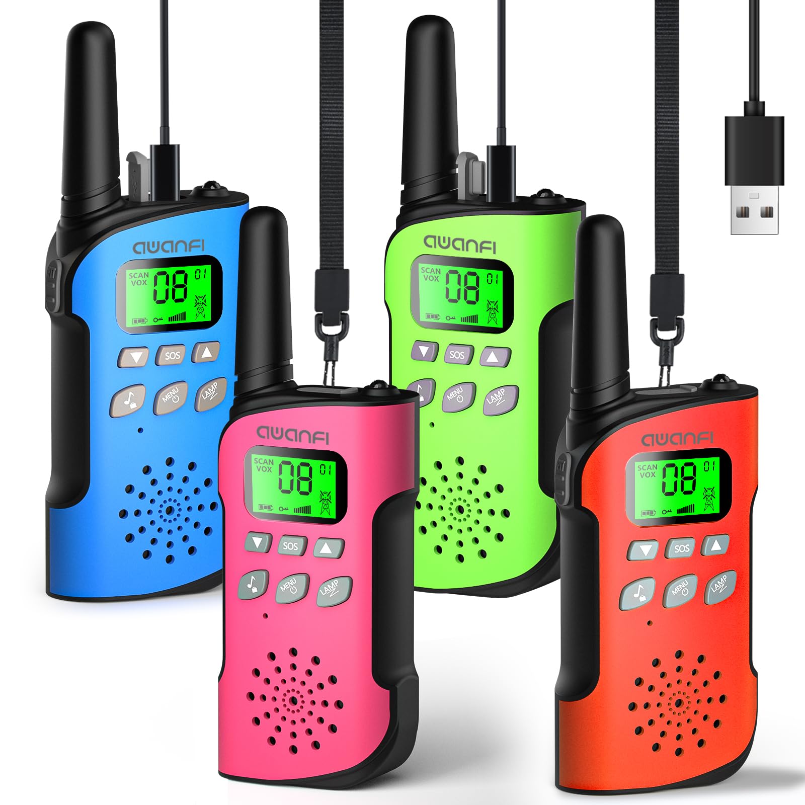 AWANFI Walkie Talkie Kinder 4er Set, Walkie Talkie Aufladbar mit Akku, Walki Talki mit VOX, LCD Taschenlampe, Tastensperre, Walky Talky für Camping Abenteuer