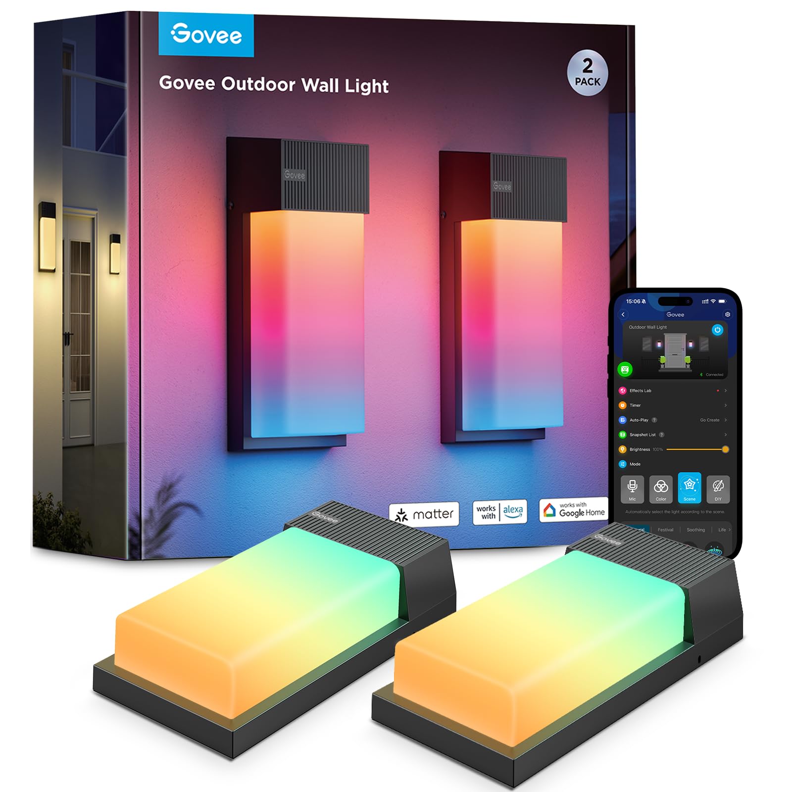 Govee Govee Outdoor Wandleuchte RGBIC, 1500LM Smart LED Wandleuchte Aussen mit 45 Scene Modes, IP65 Wasserdicht für Wandlampe, DIY Wandleuchte, Funktioniert mit Alexa, Google Assistant und Matter, 2 Stück