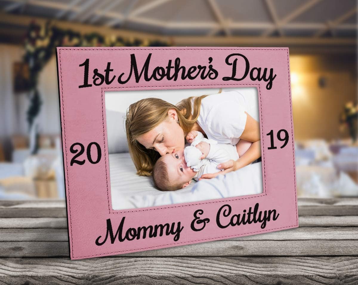 First Mothers Day Leather 5x7 Photo Frame Engraved Personalized Mommy and Me Picture Gift for Grandparent Announcement Baby Shower Present Idea Mother Daughter Gifts (Pink)