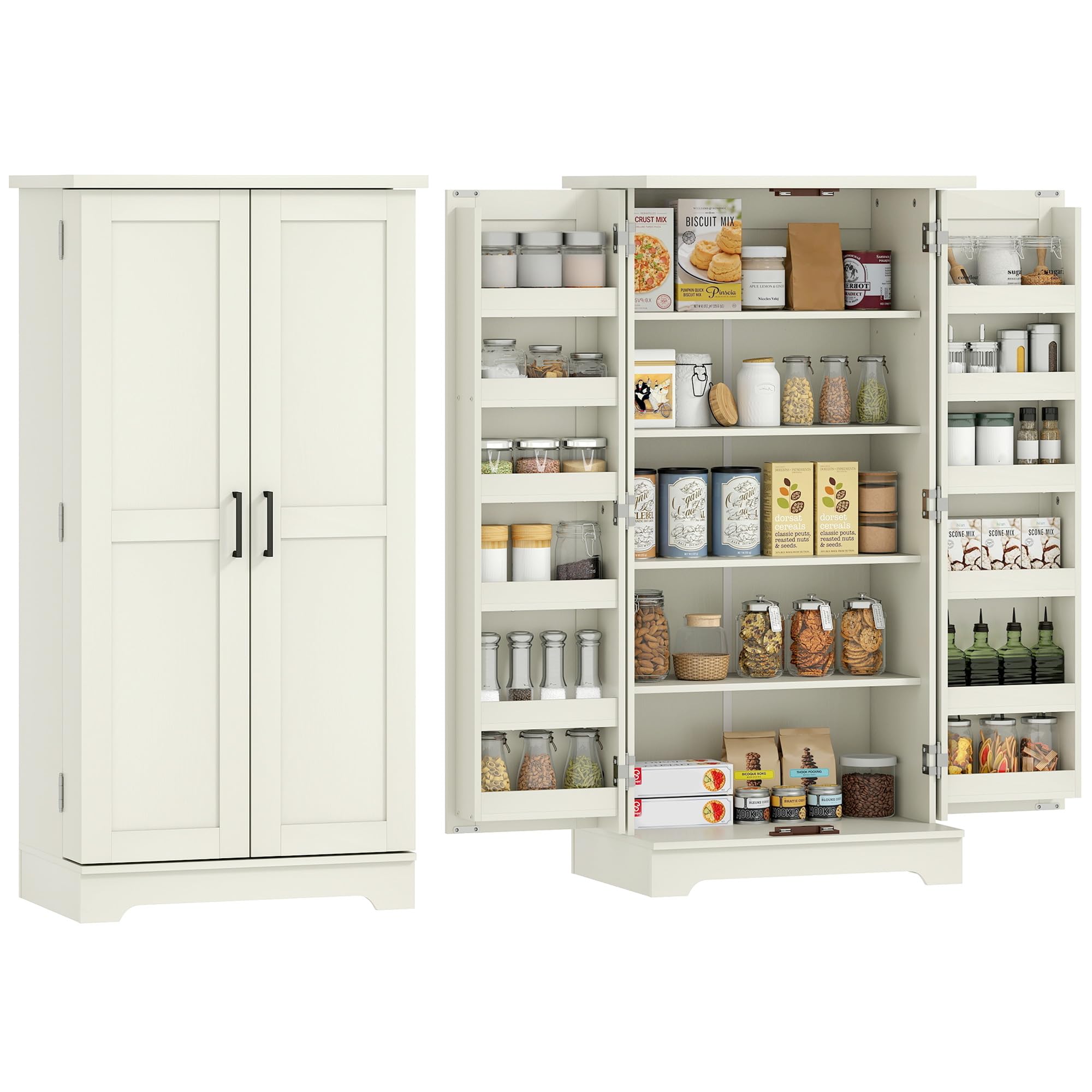 HOMCOM Buffet Cuisine, Armoire de Cuisine, vaisselier, 5 Niveaux, avec Portes et étagères réglables, 60 x 40 x 120 cm, Grain de Bois, crème
