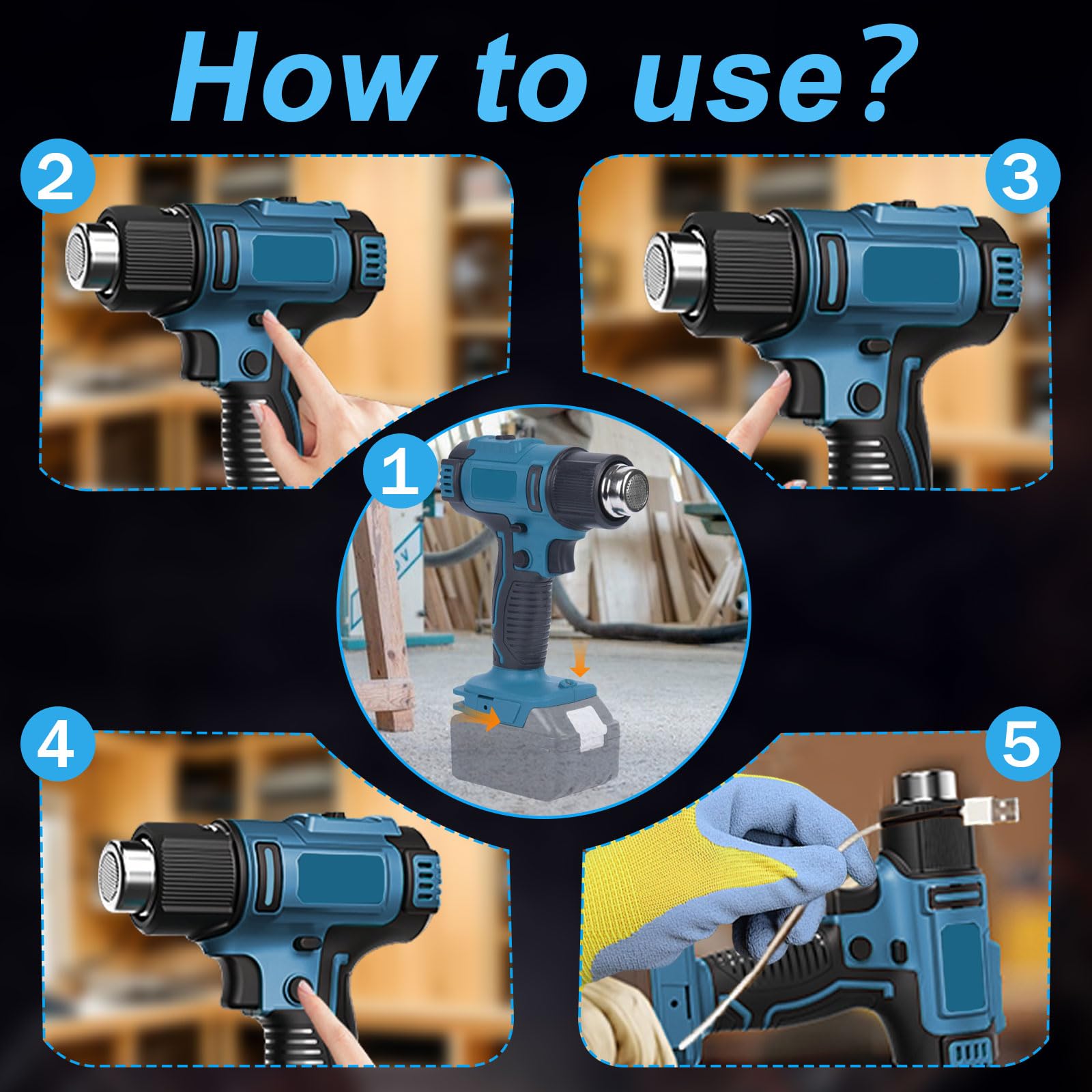 Akku Heißluftpistole Kompatibel mit Makita 18V, 50-550℃, 5 Düsen, LCD-Display, Kabellos Heißluftgebläse