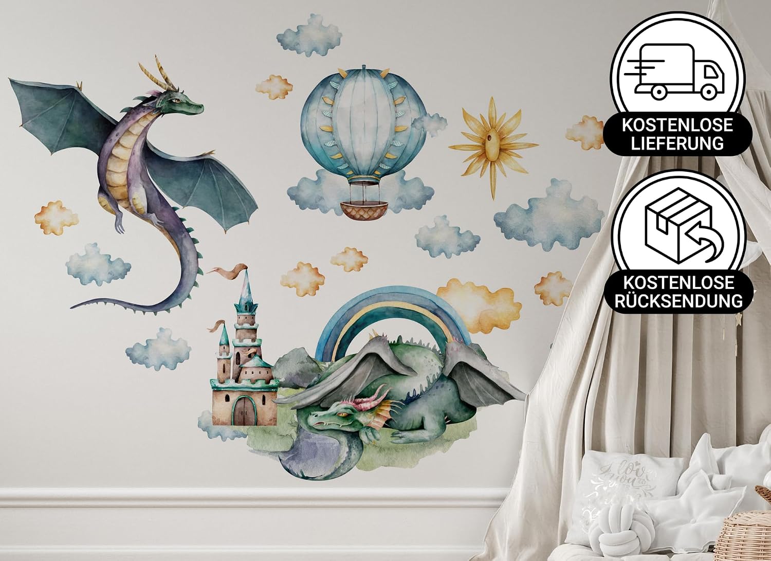 Wall Sticker Children's Room Girls & Boy: Dragon in the Royal Valley (200 x 160 cm) | Nursery & Baby Room Decoration | Wall Stickers & Wall Decoration Children's Room | Wall Stickers os9609 Fantasy V L