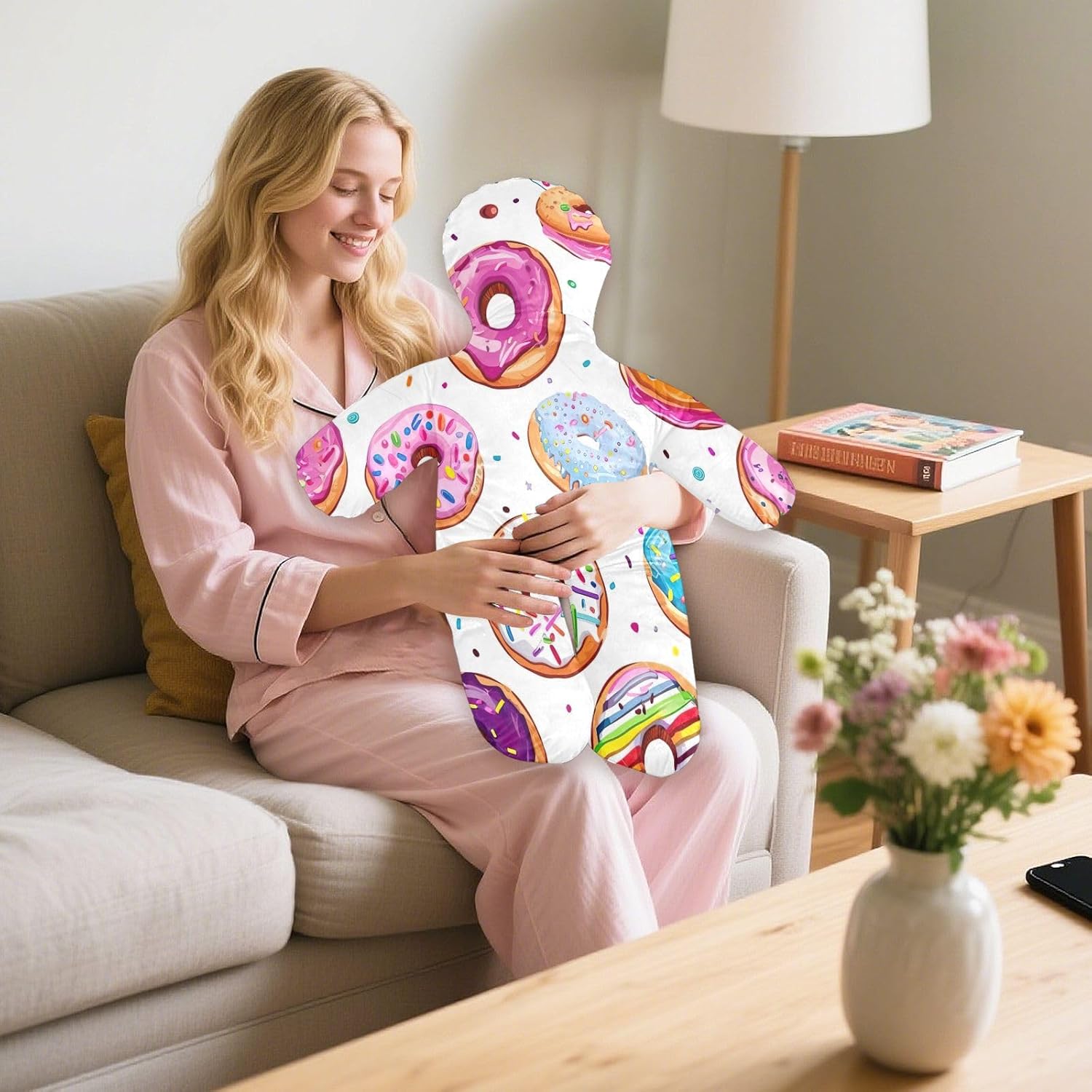 Donuts Design Human-Shaped Pillow Soft Body Pillows Washable Velvet Pillows for Anxiety Relief Sleeping Cuddling & Support