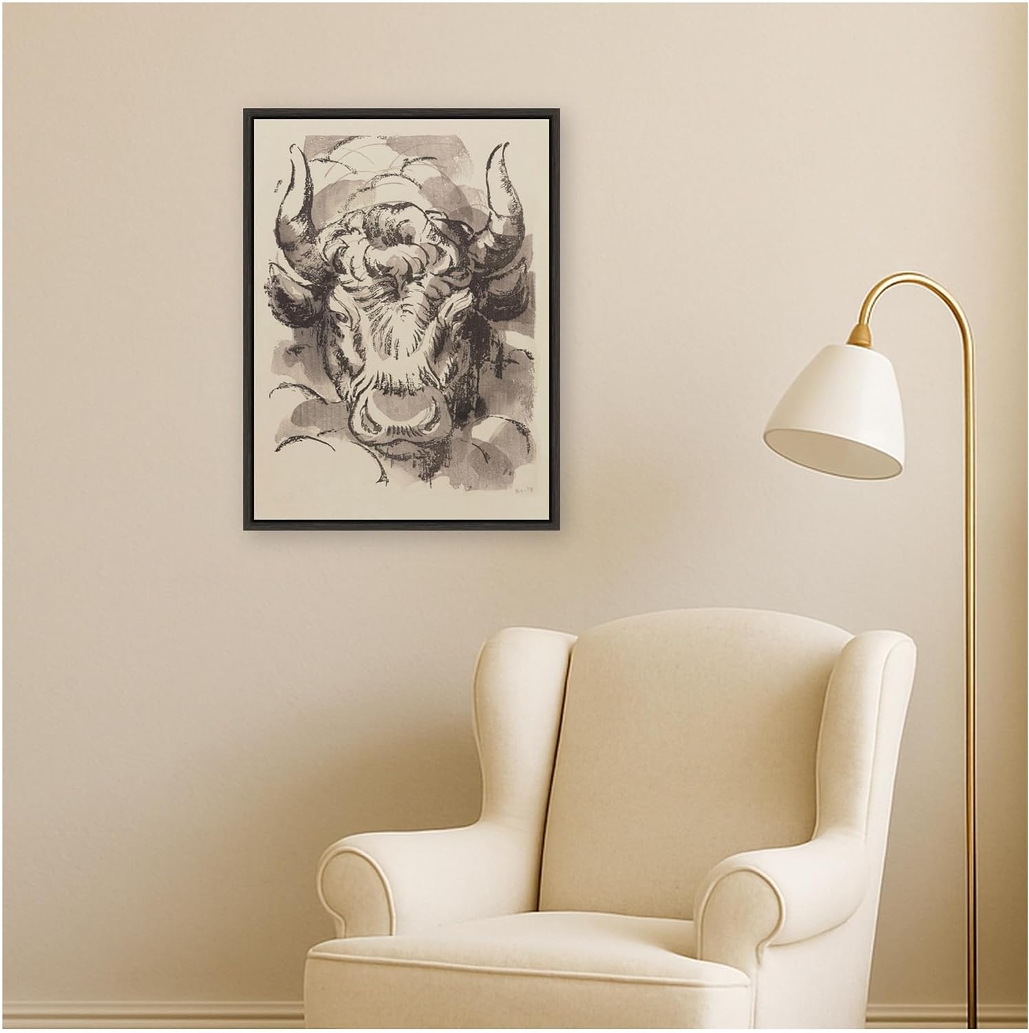 Kate and Laurel Framed Canvas Wall Art Print Tete de taureau 1934 Jules Chadel by Nostalgia Prints, 18 x 24 Sylvie Dark Gray Frame, Modern Contemporary, Animal Art for Wall Decor