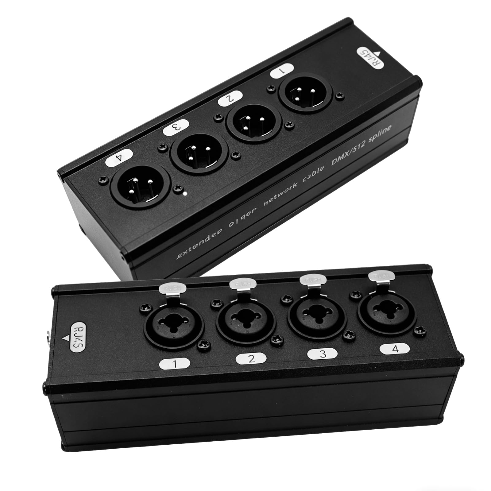 1 Par de Extensor DMX XLR a Ethernet de 4 canales, Adaptador XLR de 3 pines y Ethercon, Ethercon RJ45 Cat5/Cat6/Cat7 Ethernet para escenario en vivo, sonido (macho +hembra)