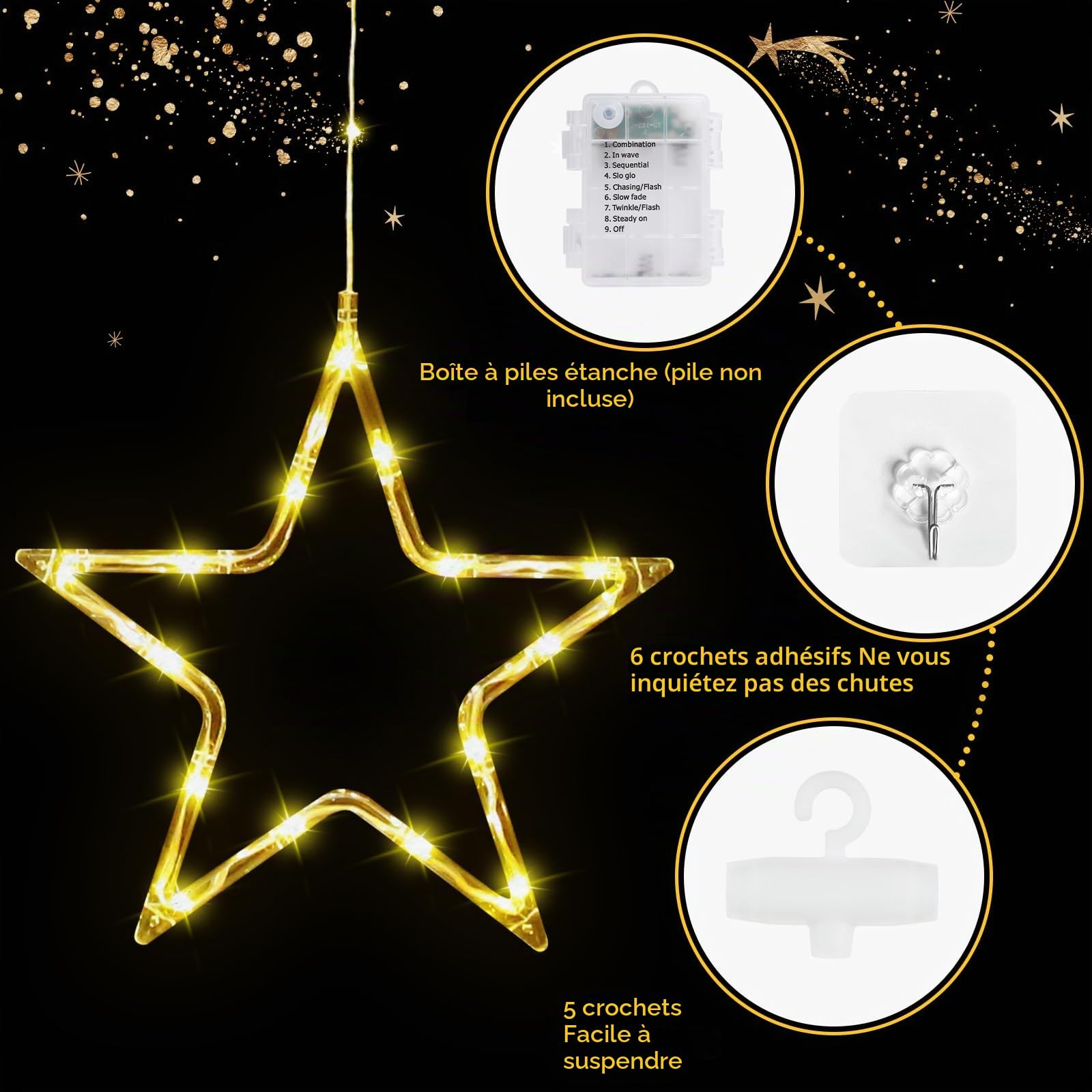 GlobaLink Rideau Lumineux Noël 5 Étoiles 96LED Guirlande Lumineuse Pile 8 Modes Étanche IP65 Minuterie Décoration Intérieur/Exterieure pour Sapin de Noël Fenêtre Chambre - Blanc Chaud