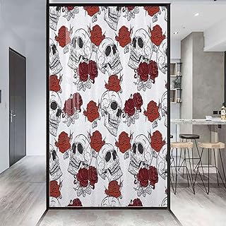 Grey Privacy Window Film Non-Adhesive Retro Skeleton Figures with Rose Halloween Stained Glass Film Frosted Privacy Window Film Skull Decorations 31.5Wx62.9L-inch